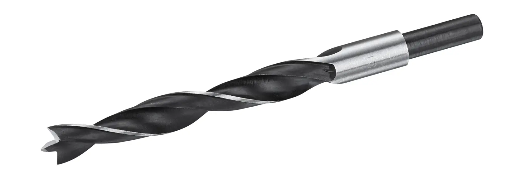 STANLEY STA52246 wood drill bit, black and silver, side angle, photography on white background.
