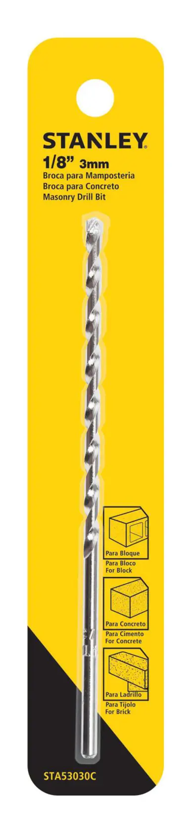 Photo of STANLEY STA53040C masonry drill bit in yellow packaging, front view, 1/8 inch size.