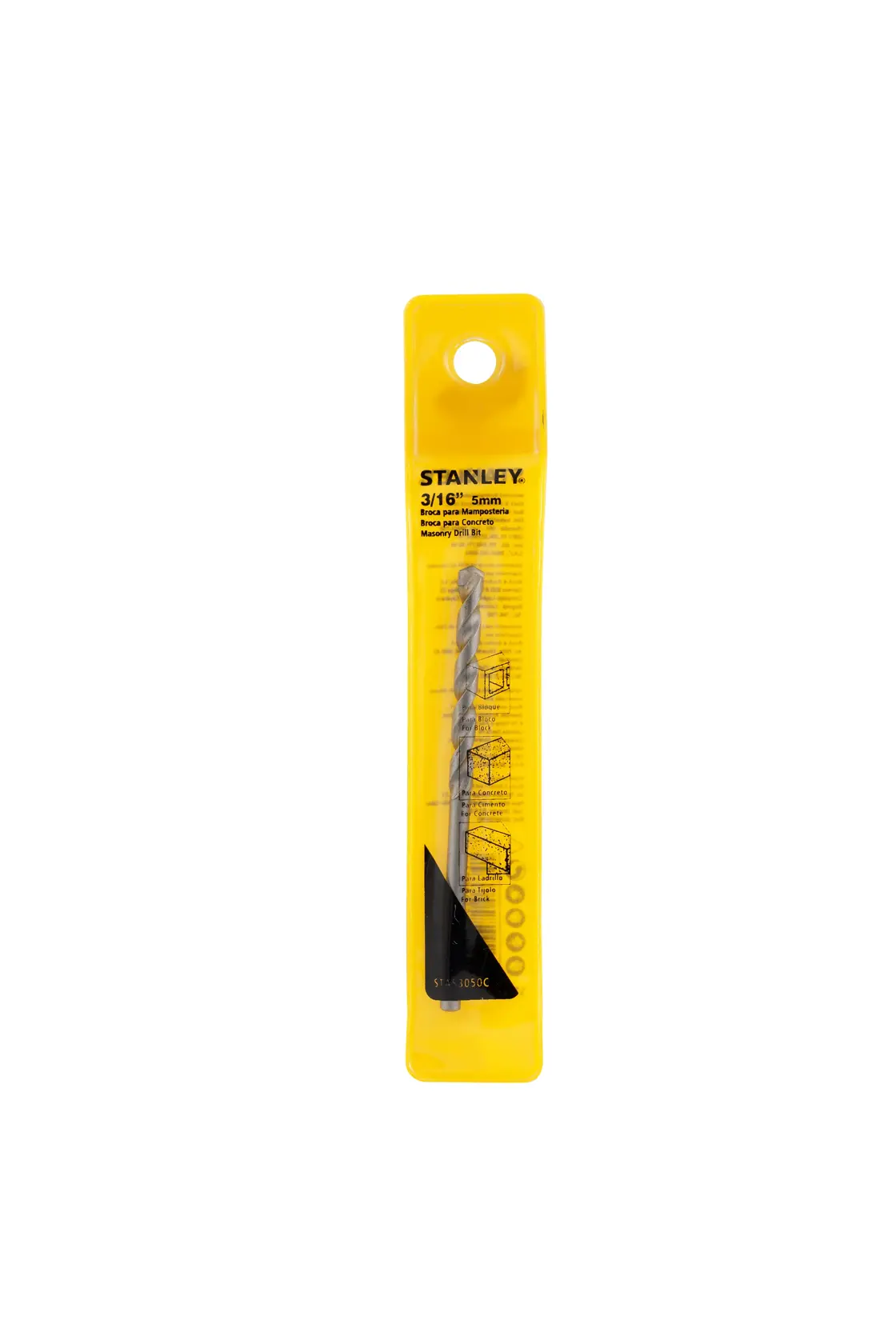 STANLEY STA53050C drill bit in yellow plastic packaging, front angle, 3/16 inch size, for drilling metal.