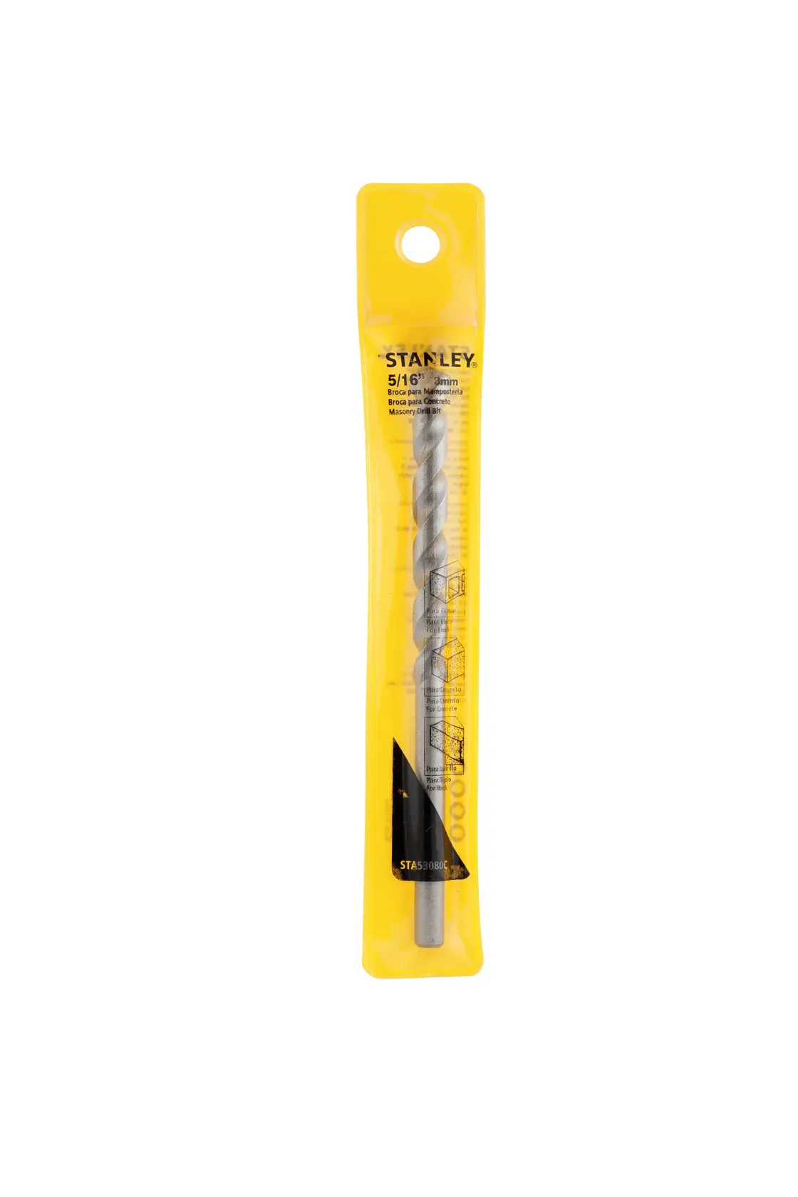 STANLEY STA53080C masonry drill bit in silver, packaged in yellow plastic, front angle, photography.