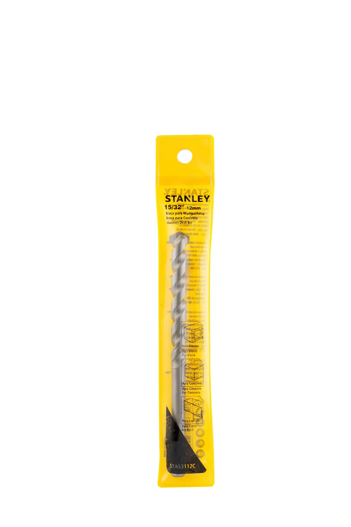 STANLEY STA53112C masonry drill bit in yellow retail packaging, front angle on white background.