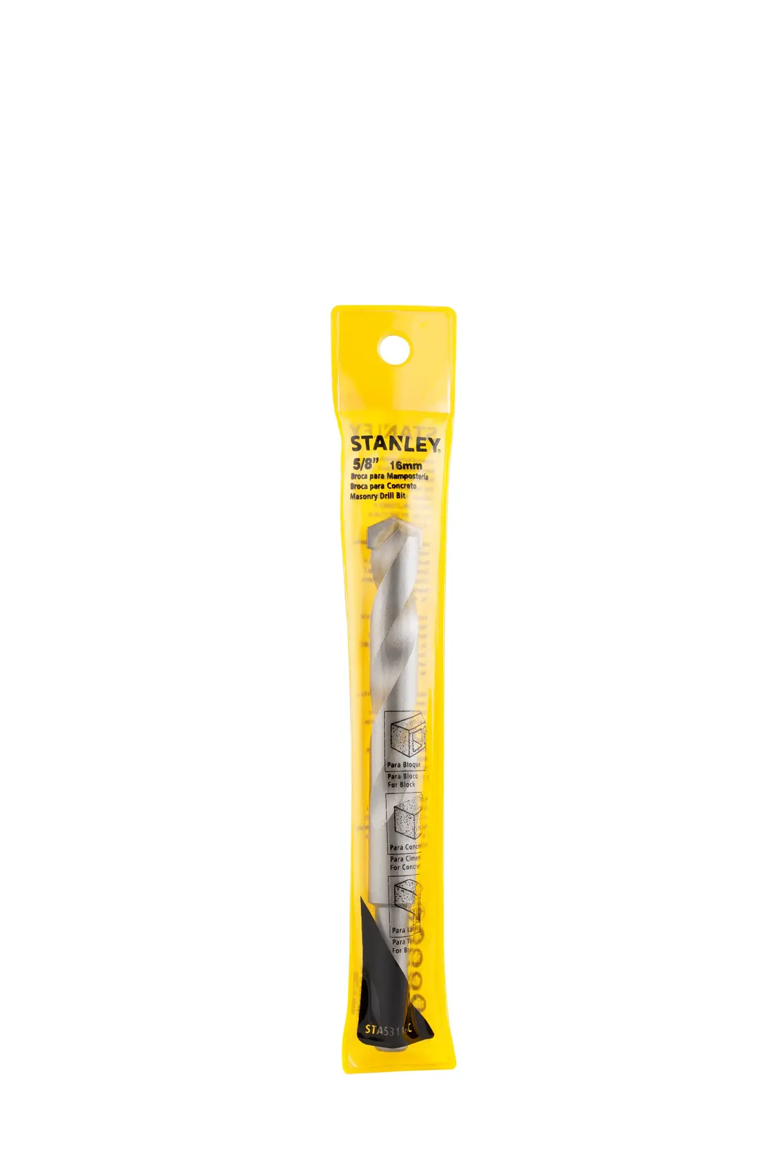 STANLEY STA53116C masonry drill bit in yellow packaging, front angle, product photography.