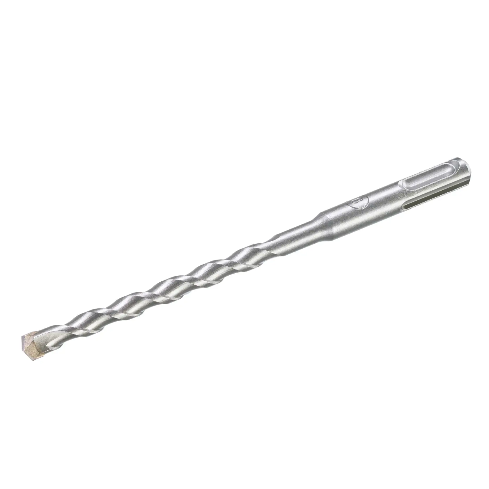 STANLEY STA54037-QZ silver SDS-plus masonry drill bit, side angle, showing spiral flutes and carbide tip.