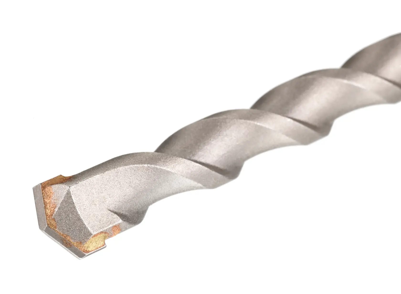 STANLEY STA54047-QZ masonry drill bit with carbide tip, close-up angle, silver and gold.