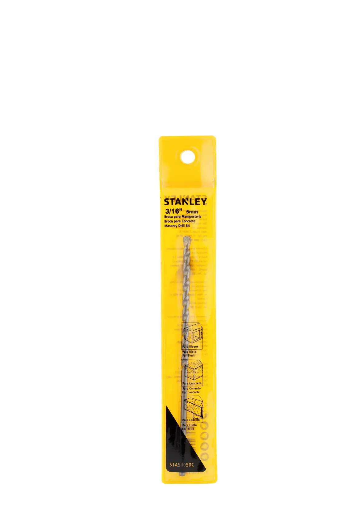 Photo of STANLEY STA54050C masonry drill bit in yellow packaging, front angle, drill bit visible in clear case.