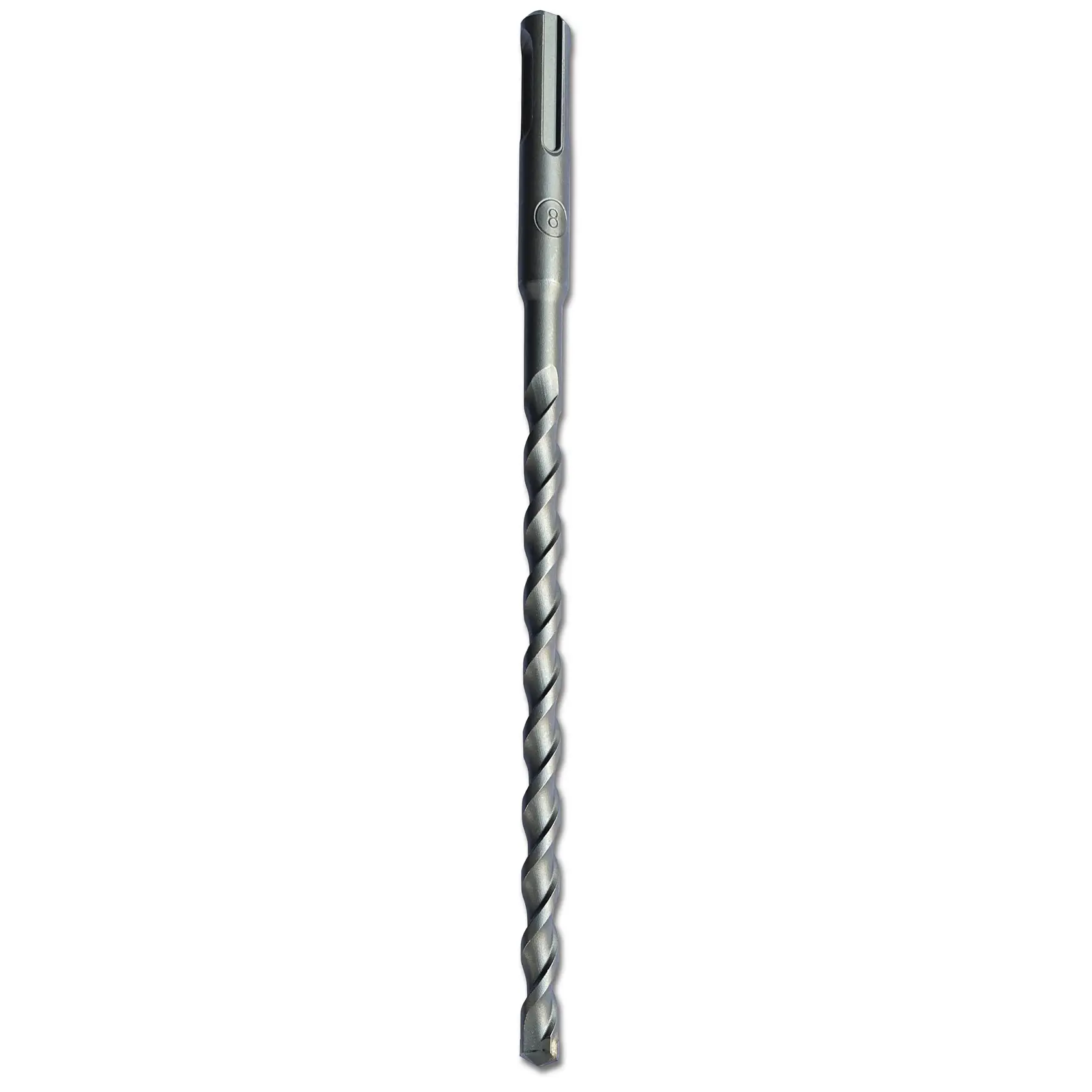 STANLEY STA54057 masonry drill bit, silver, spiral design, front angle photo on white background.