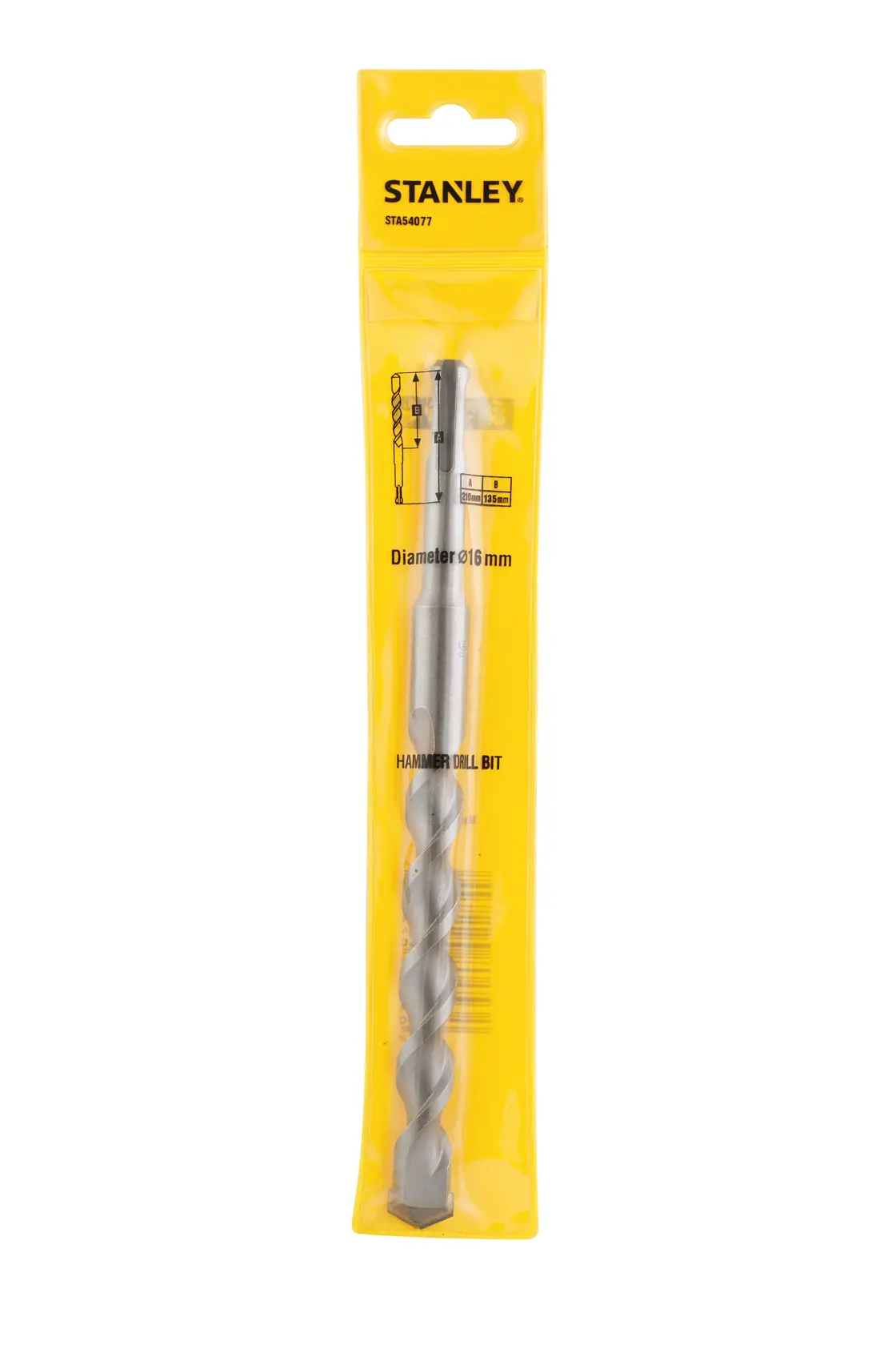 STANLEY STA54077 hammer drill bit in yellow packaging, front view, diameter 16 mm.