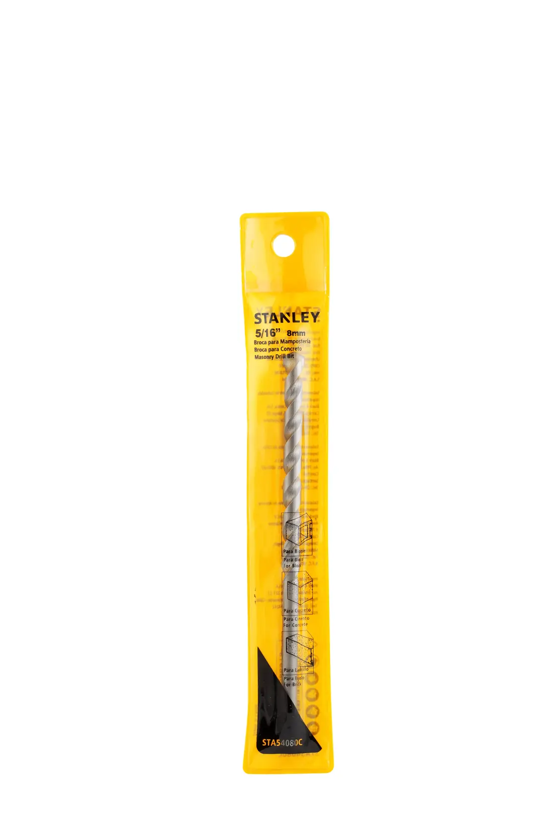 STANLEY STA54080C masonry drill bit in yellow retail packaging, front angle on white background.