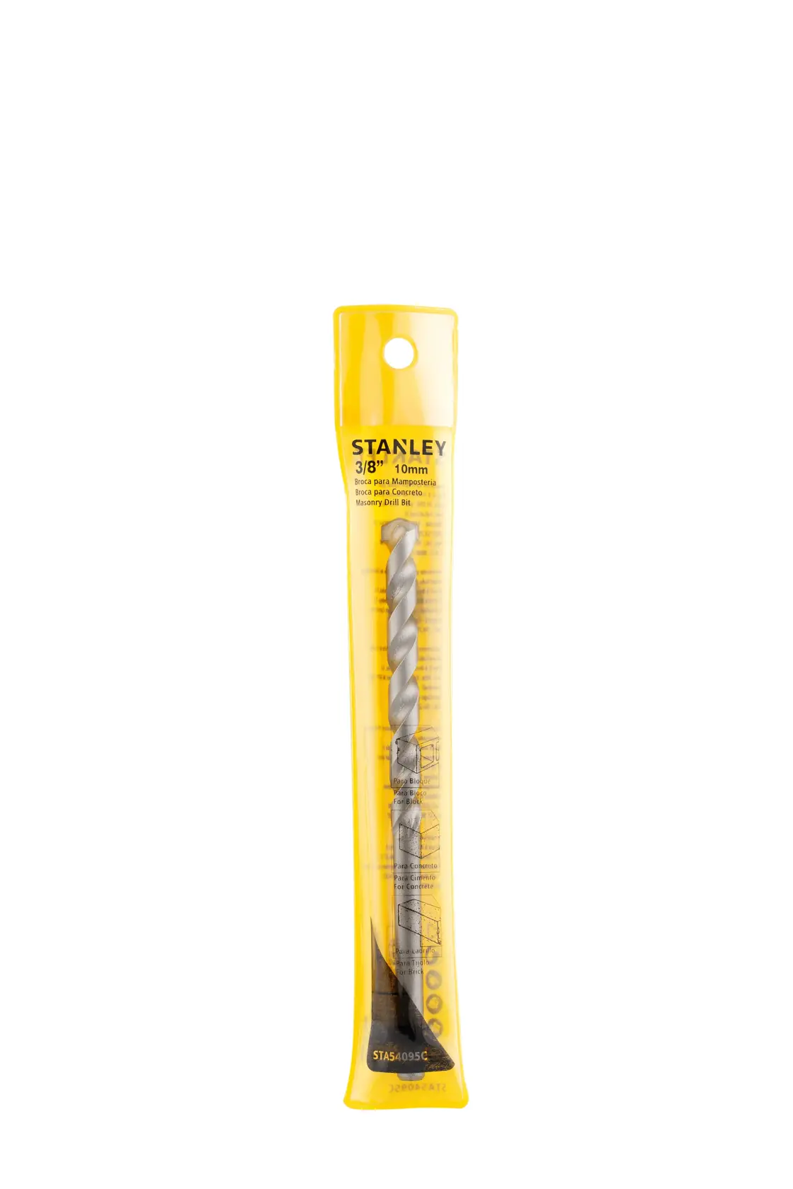 STANLEY STA54095C masonry drill bit in yellow retail packaging, front angle on white background.