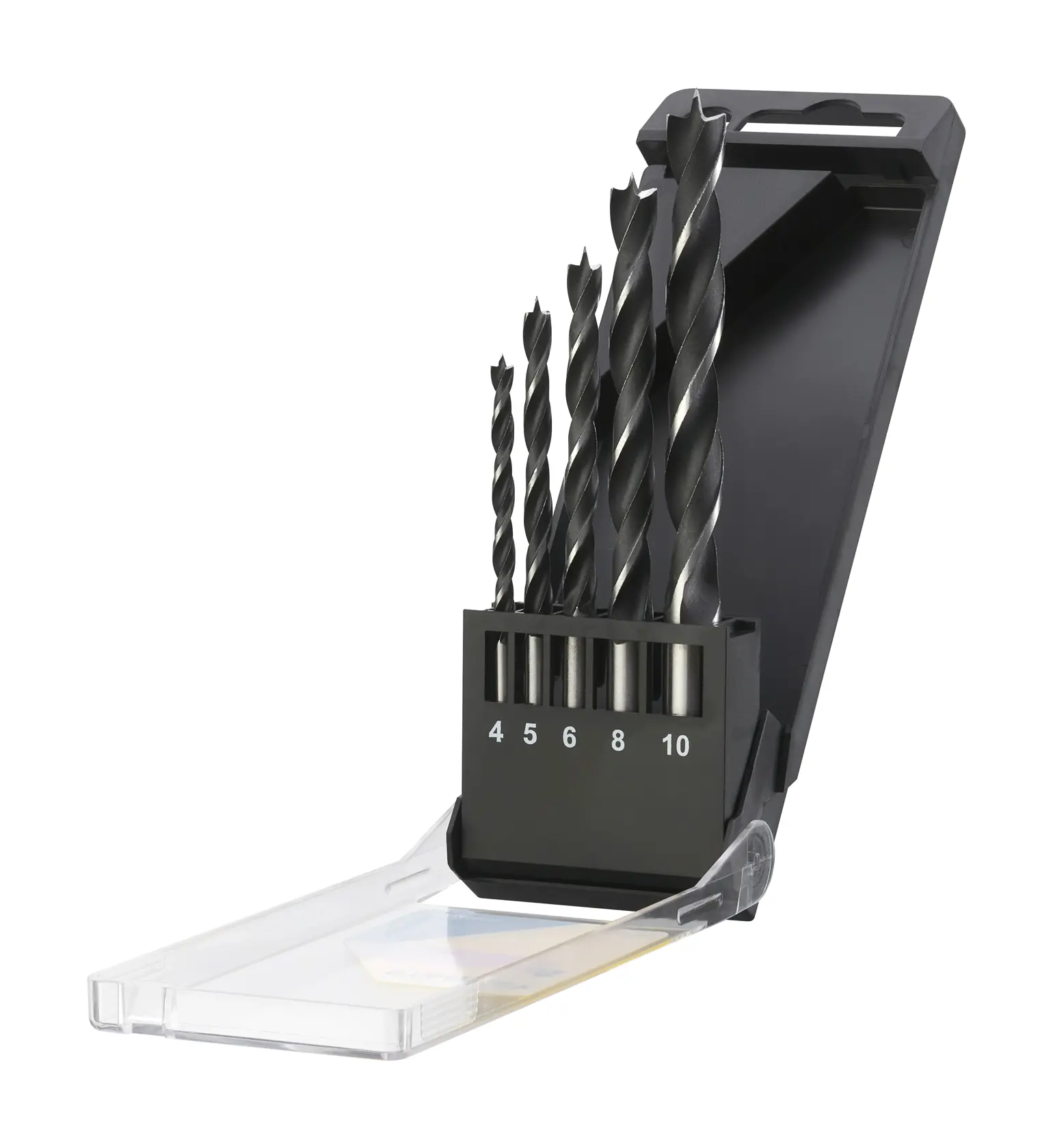STANLEY STA56001 drill bit set with five black bits in numbered black case, front angle on white background.