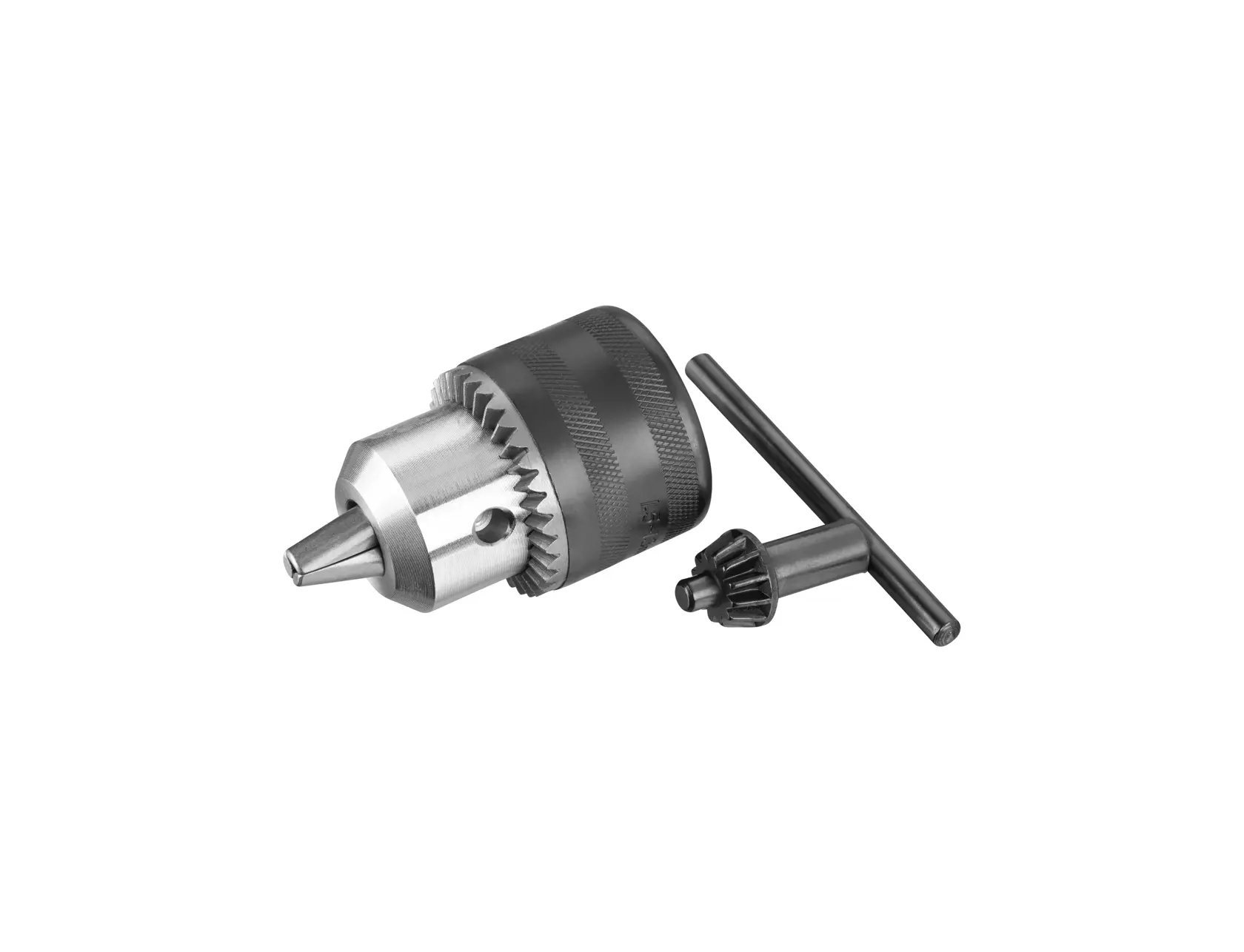 STANLEY STA66321 drill chuck and key, metal tool set, front angle, white background.