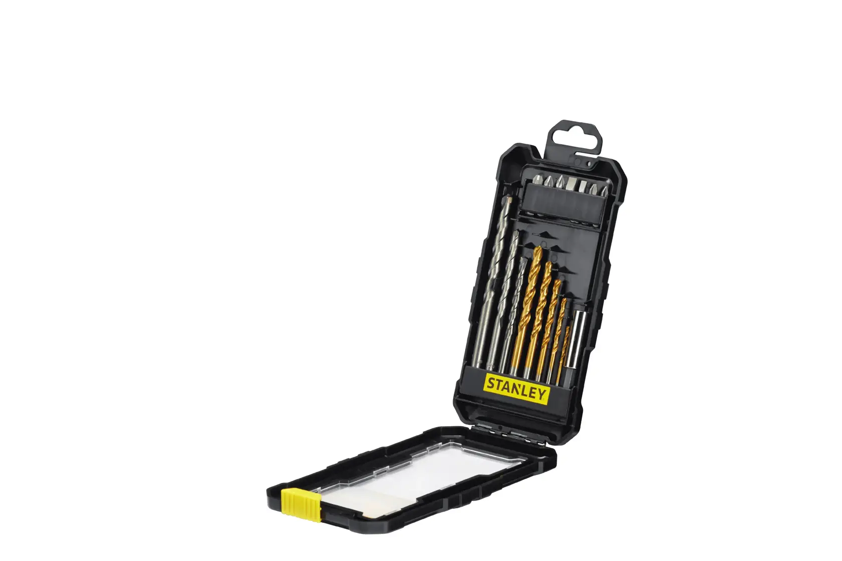 STANLEY STA7221-XJ drill bit set in black plastic case, open on white background, showing assorted bits.