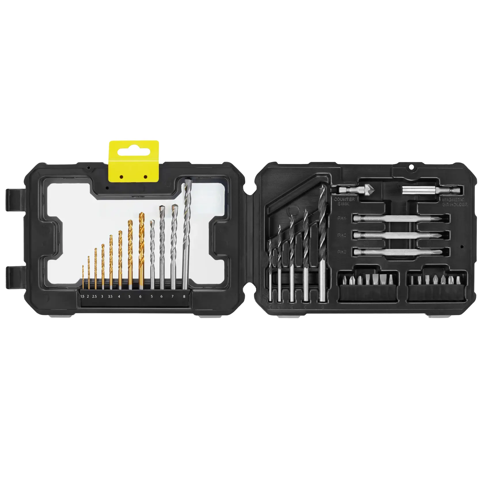 STANLEY STA7222 drill and bit set in black plastic case, photographed from above on white background.