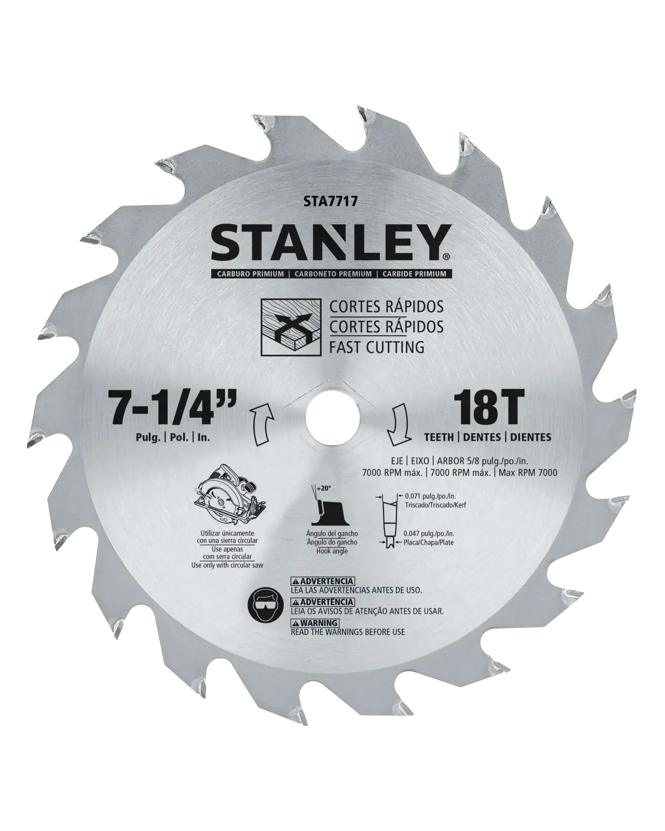 STANLEY STA7717 circular saw blade, 7-1/4 inch diameter, 18 teeth, silver color, photography with white background.
