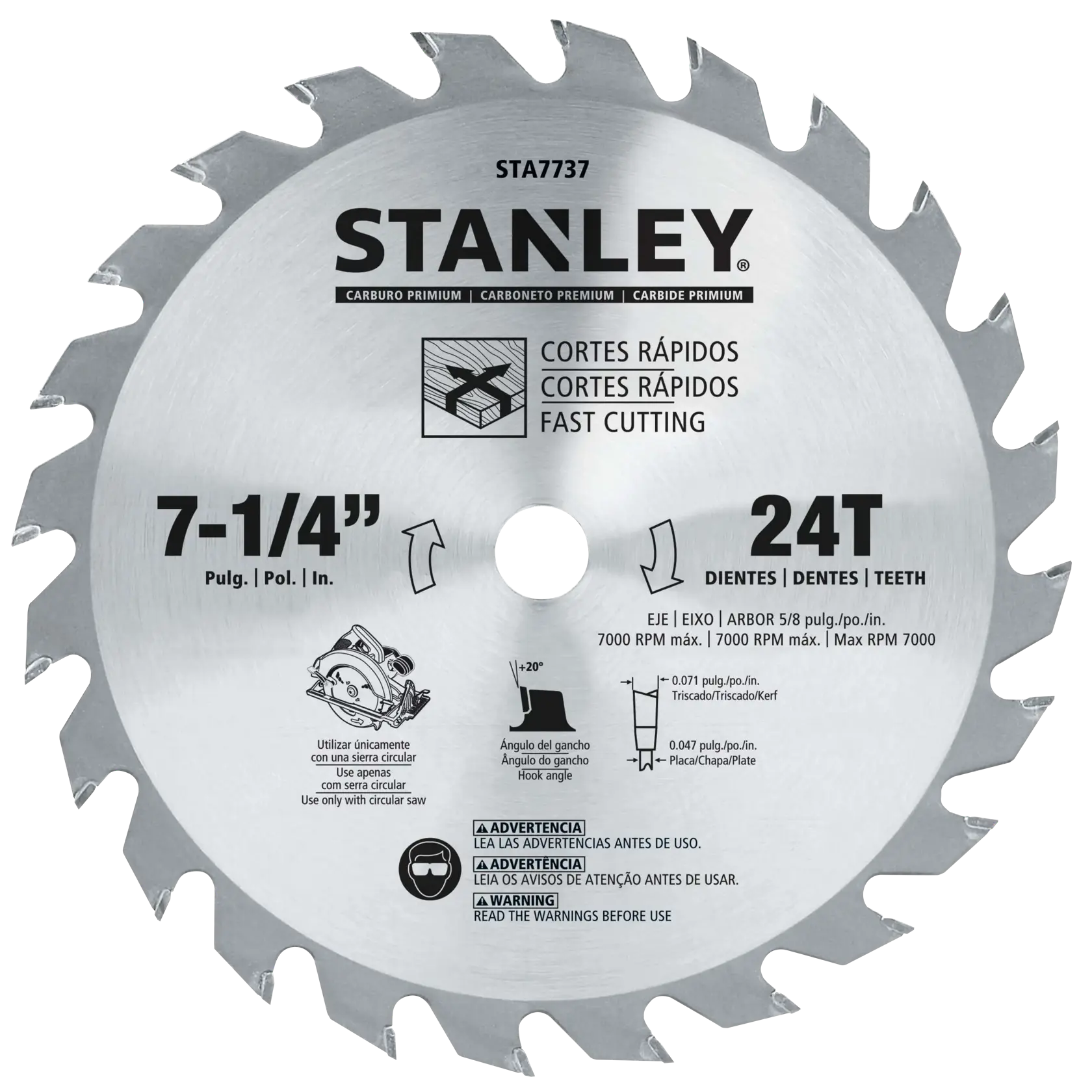 STANLEY STA7737 7-1/4 inch 24T circular saw blade, silver, carbide teeth, fast cutting, front angle on white background.