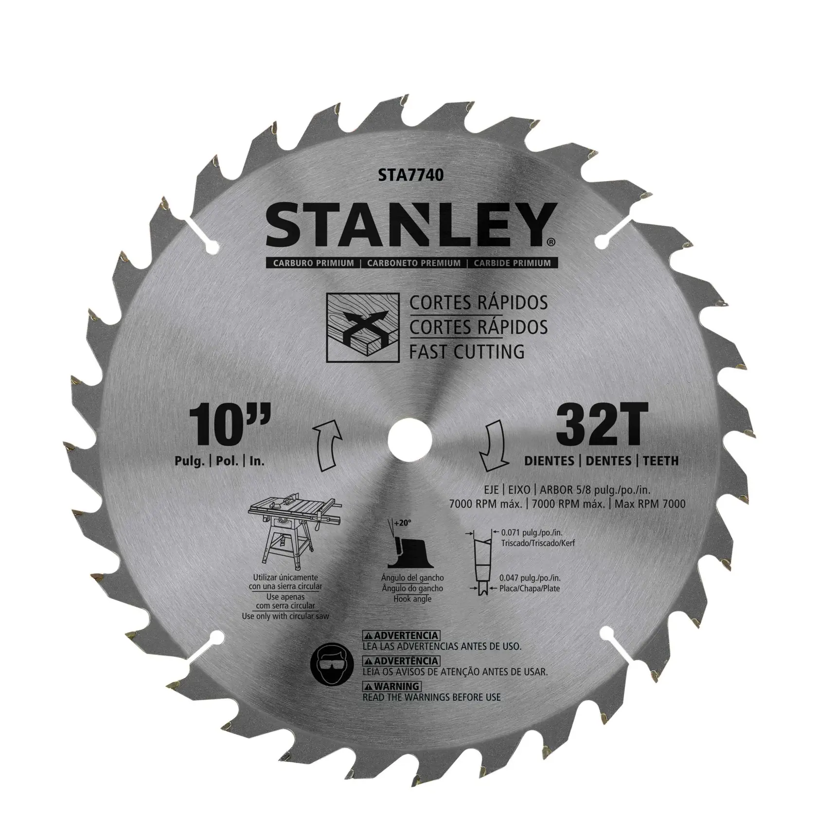 Photo of STANLEY STA7740 10-inch 32T carbide circular saw blade for fast cutting, front view on white background.