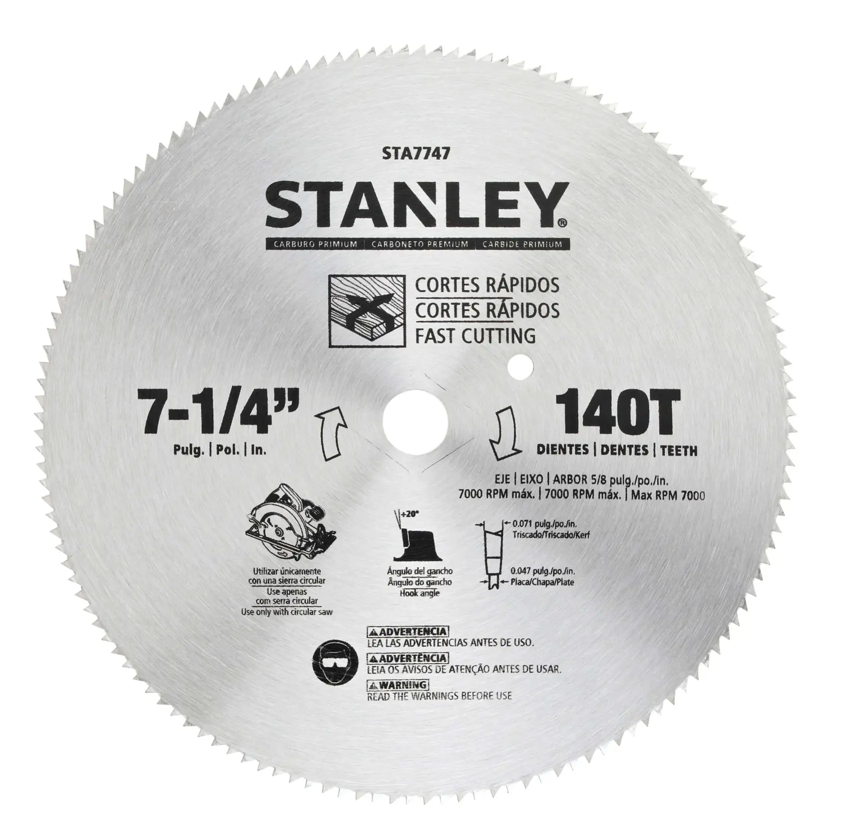 STANLEY STA7747 circular saw blade, 7-1/4 inch, 140 teeth, silver color, shown from front on white background.