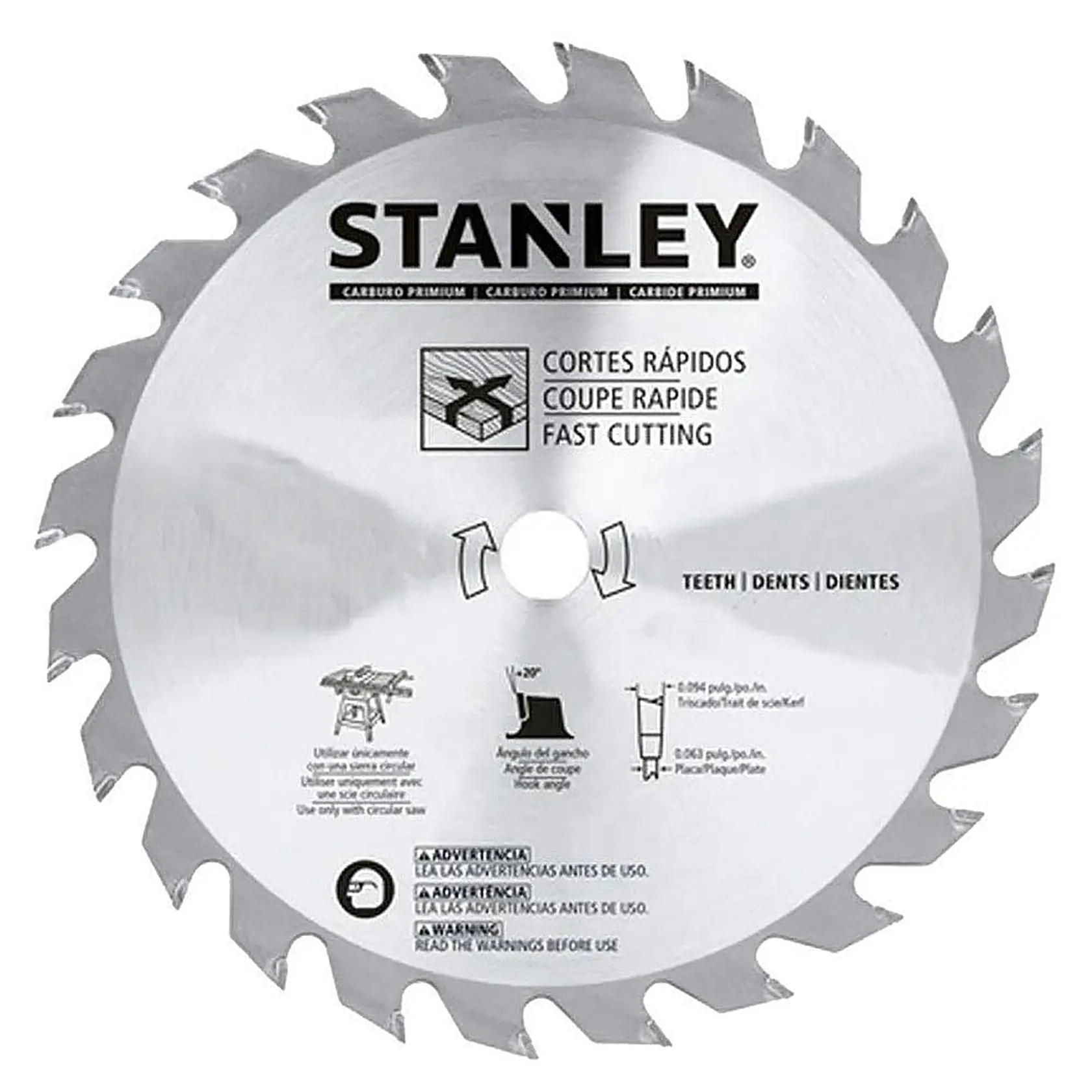 Photo of STANLEY STA7757 circular saw blade with sharp teeth, silver finish, and fast cutting label, front view.