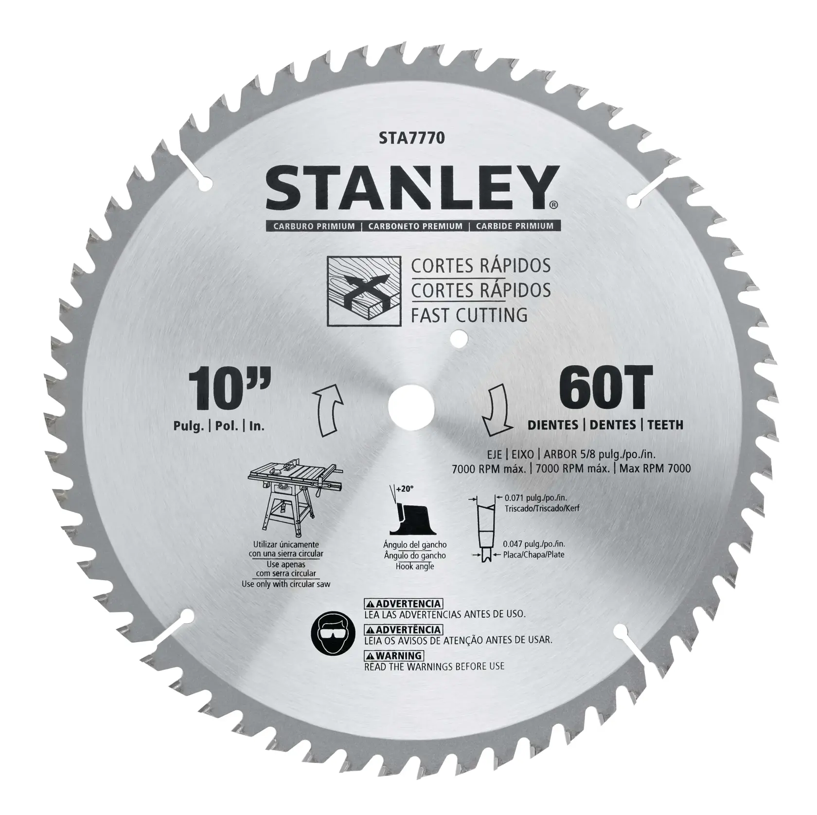 STANLEY STA7770 10-inch 60T carbide circular saw blade, front angle, silver finish with labeled safety and usage icons.