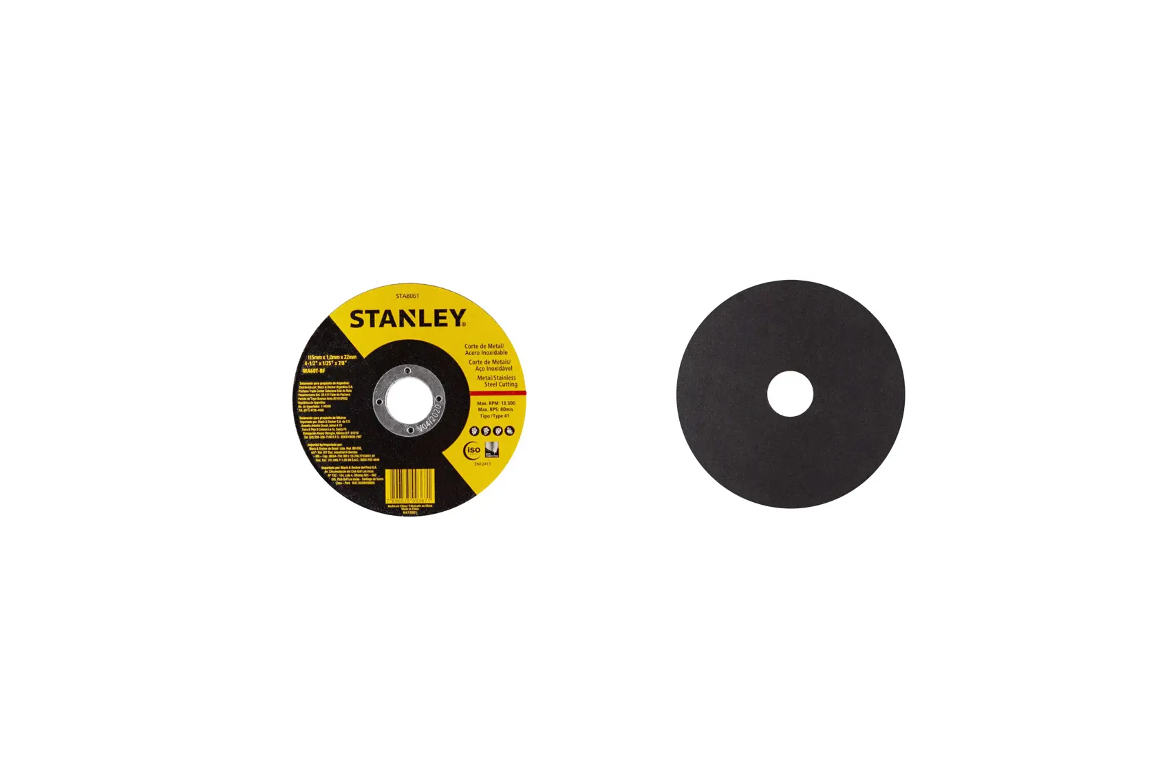 Photo of STANLEY STA8061 grinding disc, front and back view, black with yellow label, on white background.
