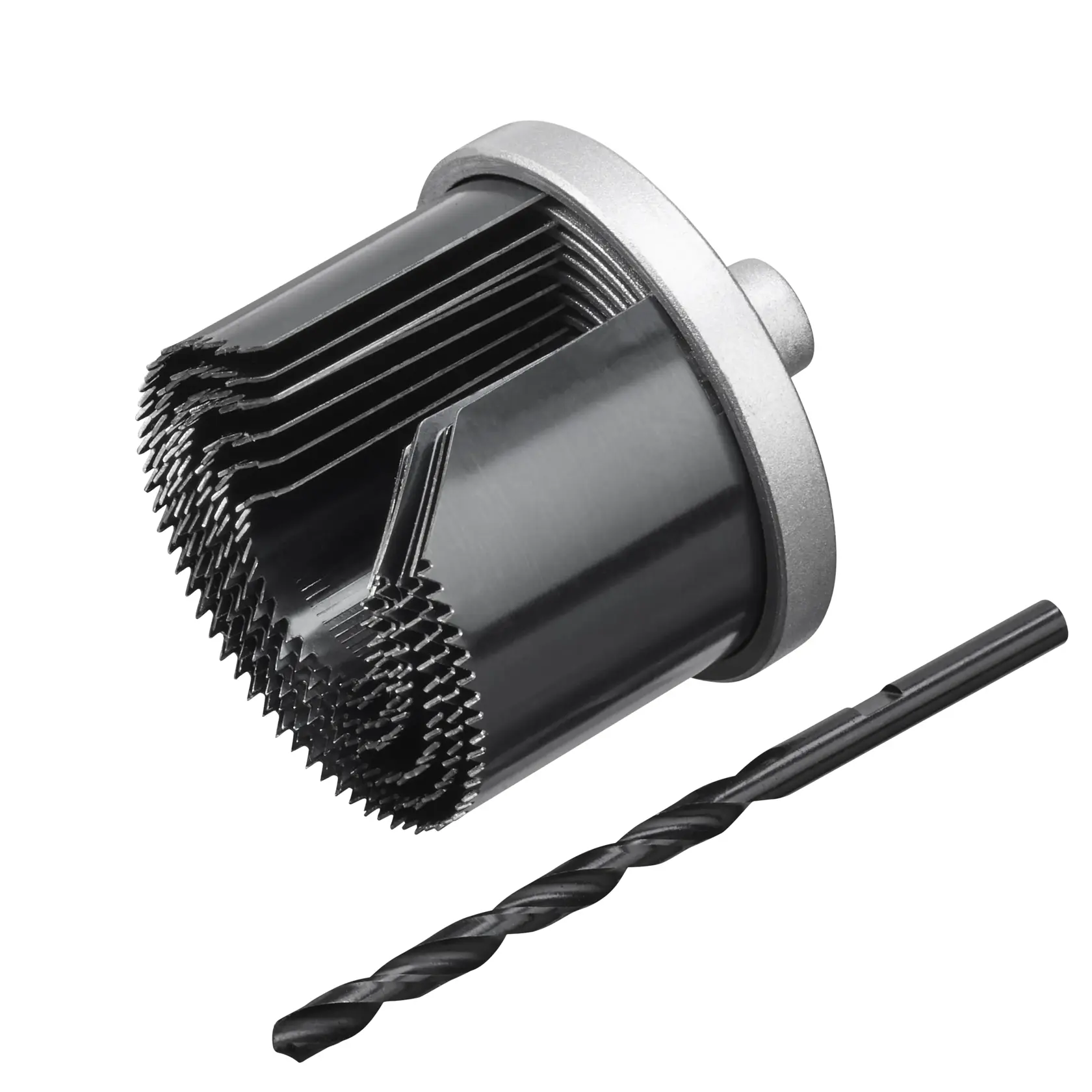 STANLEY STA81005 hole saw set with multiple black saw blades and a drill bit, side angle on white background.