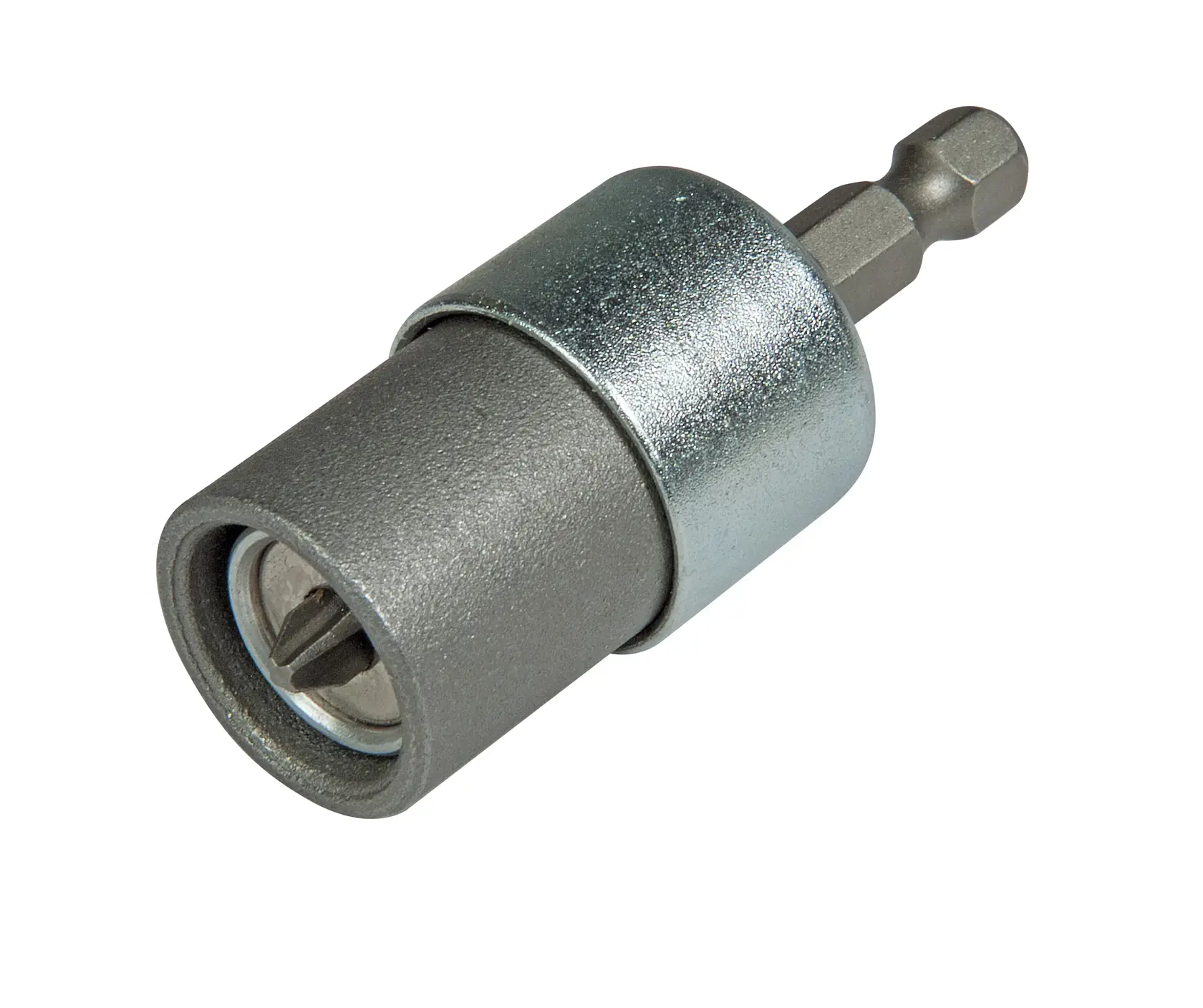 A close-up image of a STANLEY magnetic screw holder with bit, designed for use with power drills. The tool features a