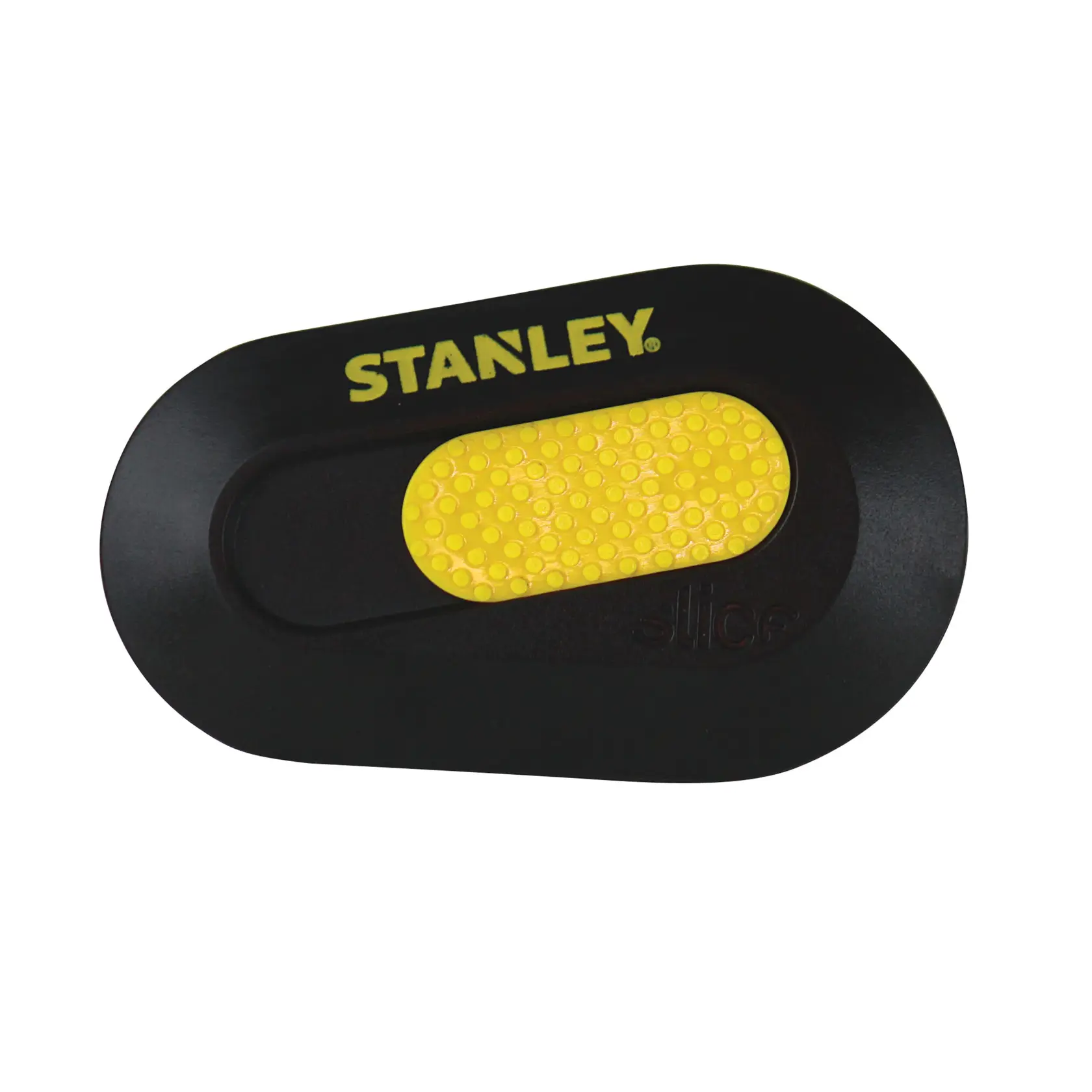 Stanley black and yellow compact safety cutter with textured grip, oval shape, suitable for precision cutting.