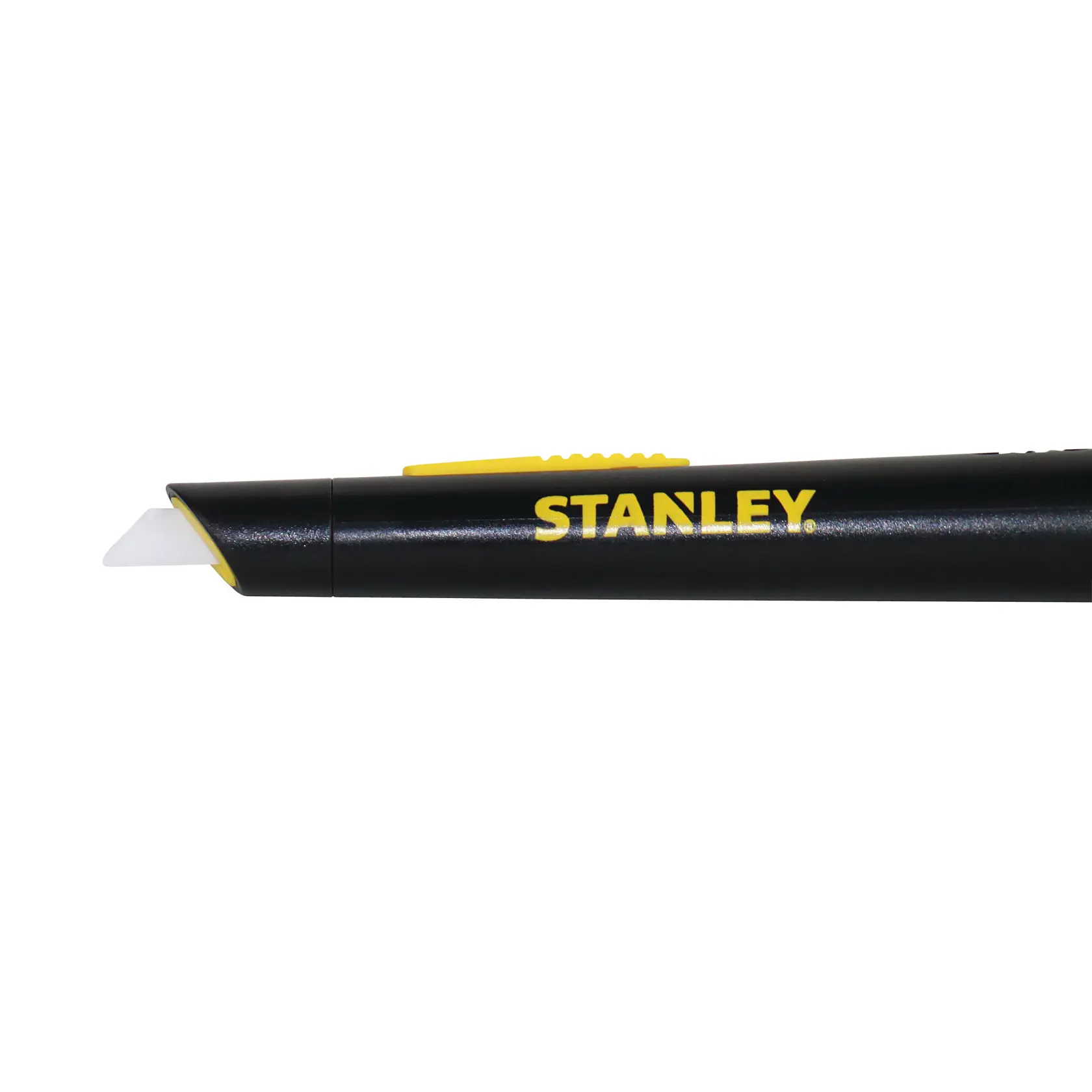 Stanley black and yellow utility knife with ceramic blade, partially extended, shown in close-up side view.
