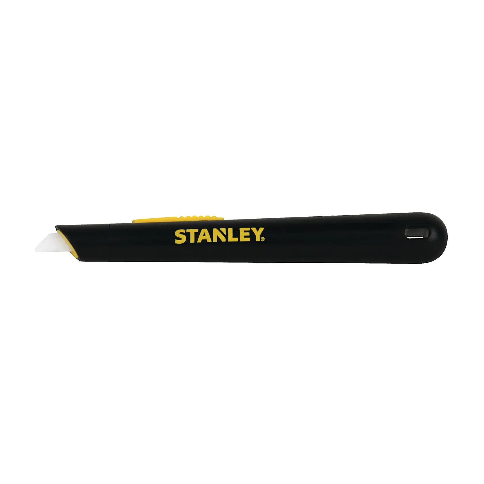 Stanley black utility knife with a yellow slider and ceramic blade, side view, suitable for precision cutting tasks.