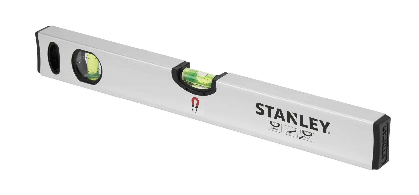 Stanley spirit level tool with magnetic feature and two bubble vials, silver body, used for precise measurements.
