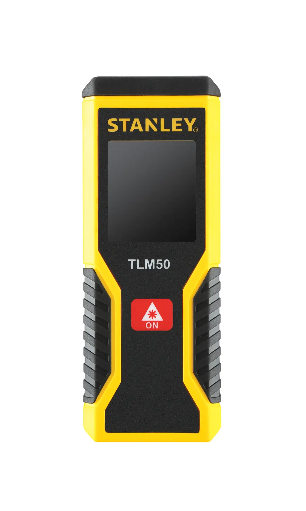 STANLEY STHT1-77409 laser distance measurer, yellow and black, front view on white background.