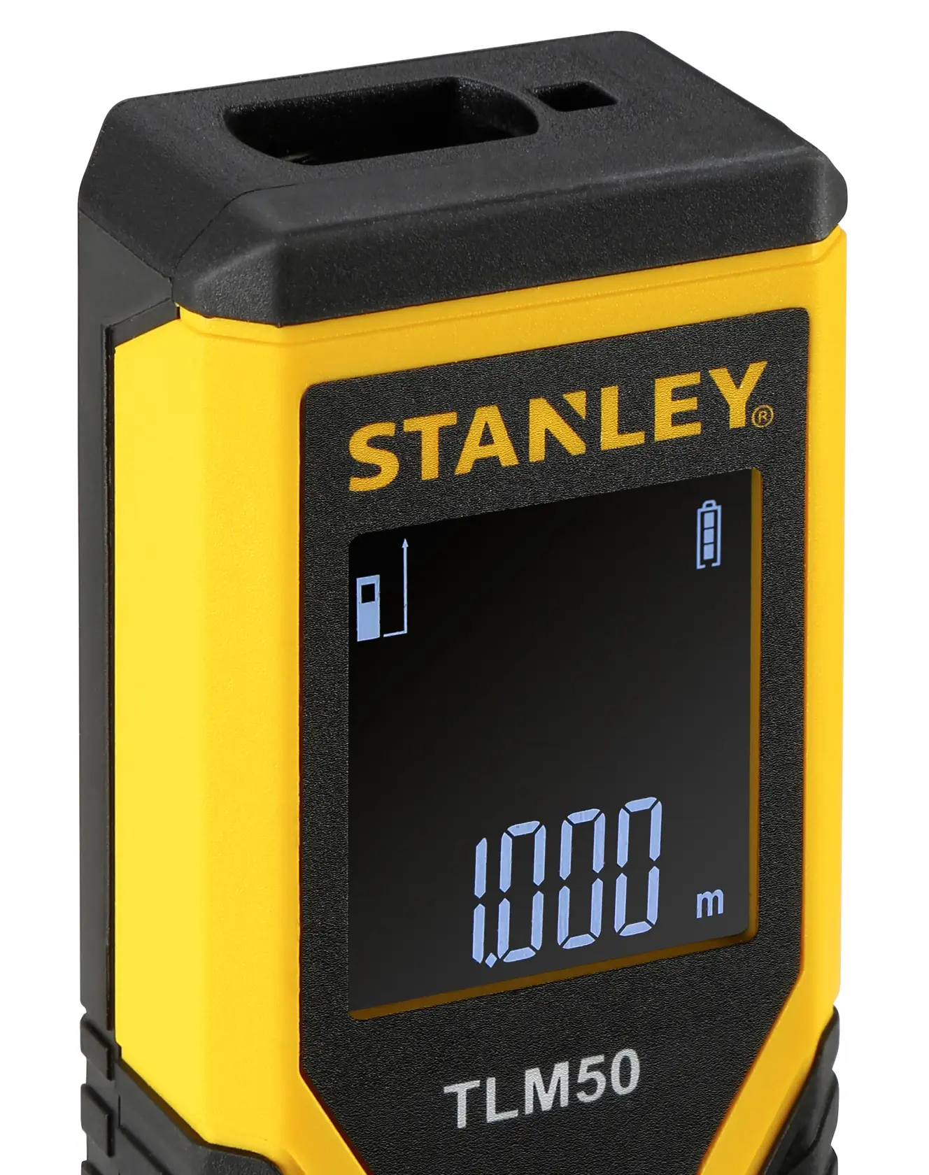 STANLEY TLM50 laser distance measurer SKU STHT1-77409 front angle, yellow and black with digital display.