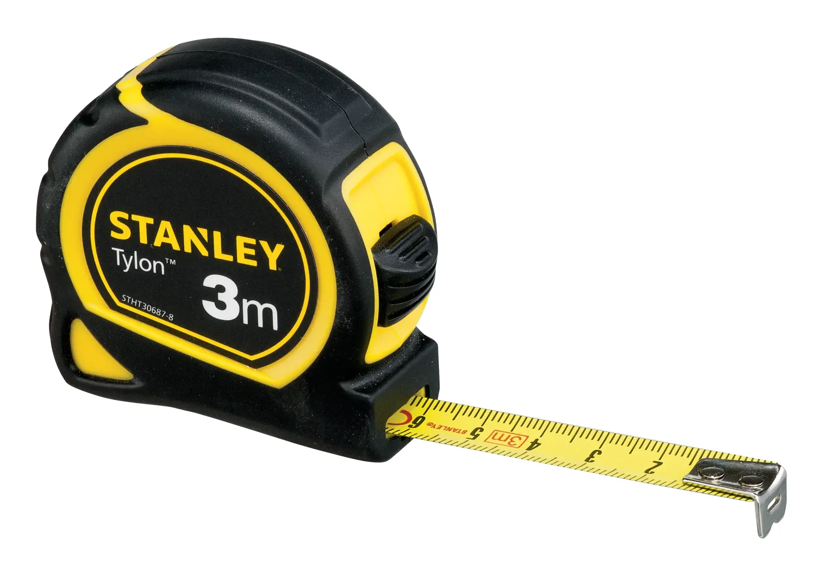 STANLEY STHT33158-8 tape measure, black and yellow, 3m length, photography, front angle on white background.