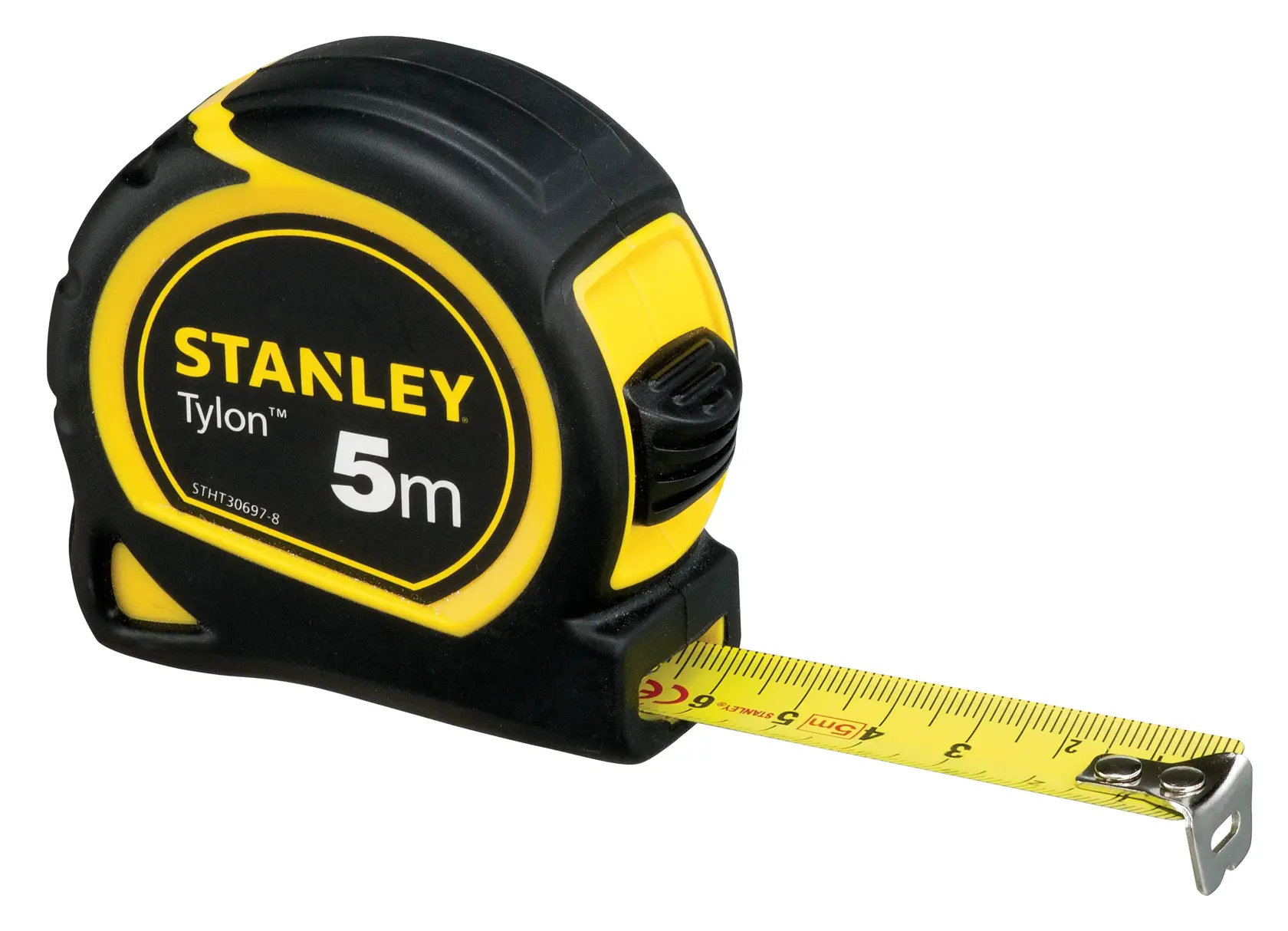 STANLEY STHT33203-8 tape measure, yellow and black, side angle with extended blade.