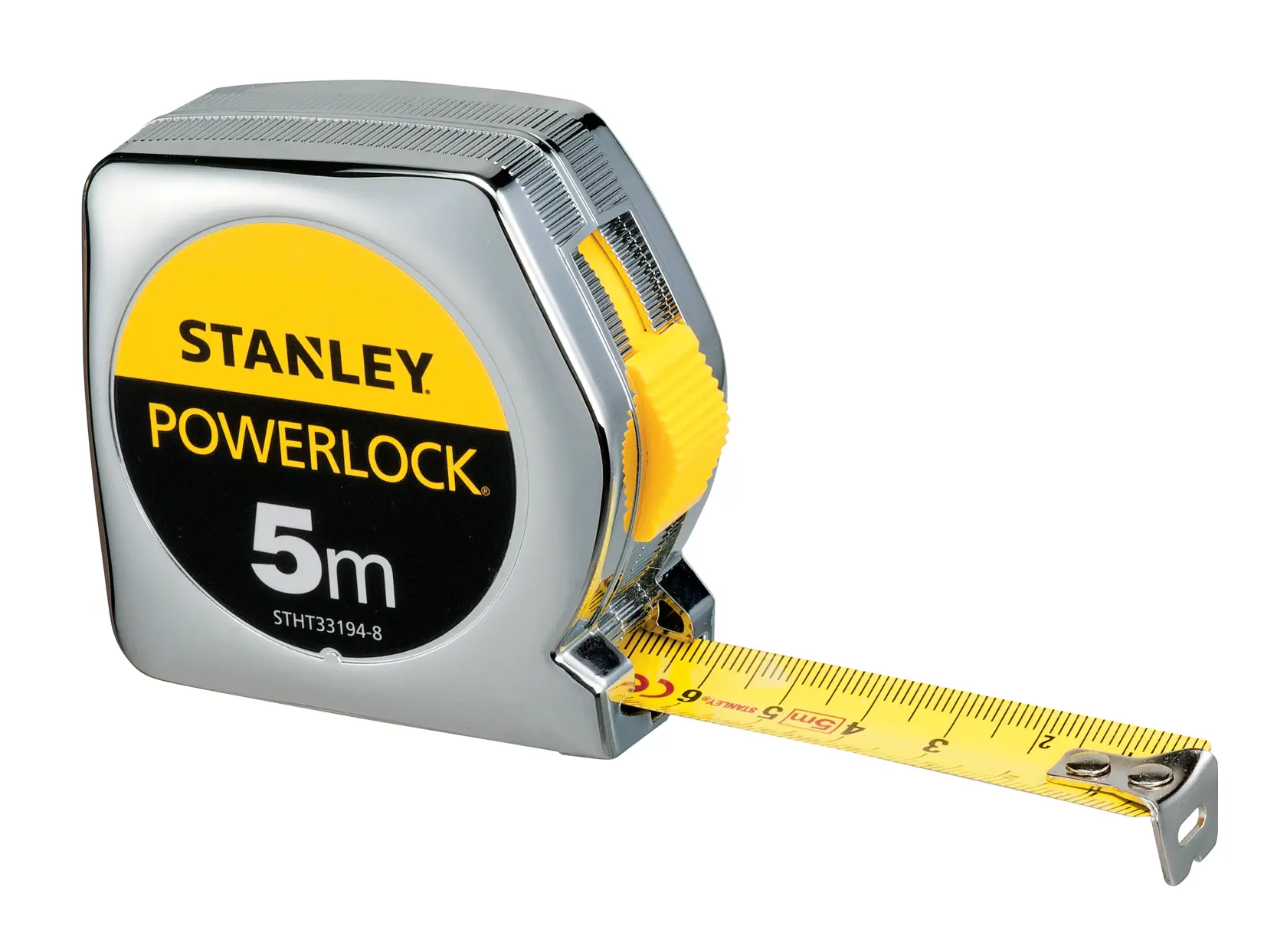 Photo of STANLEY STHT33428-8 tape measure, chrome case with yellow tape, measurement markings visible, angled view.