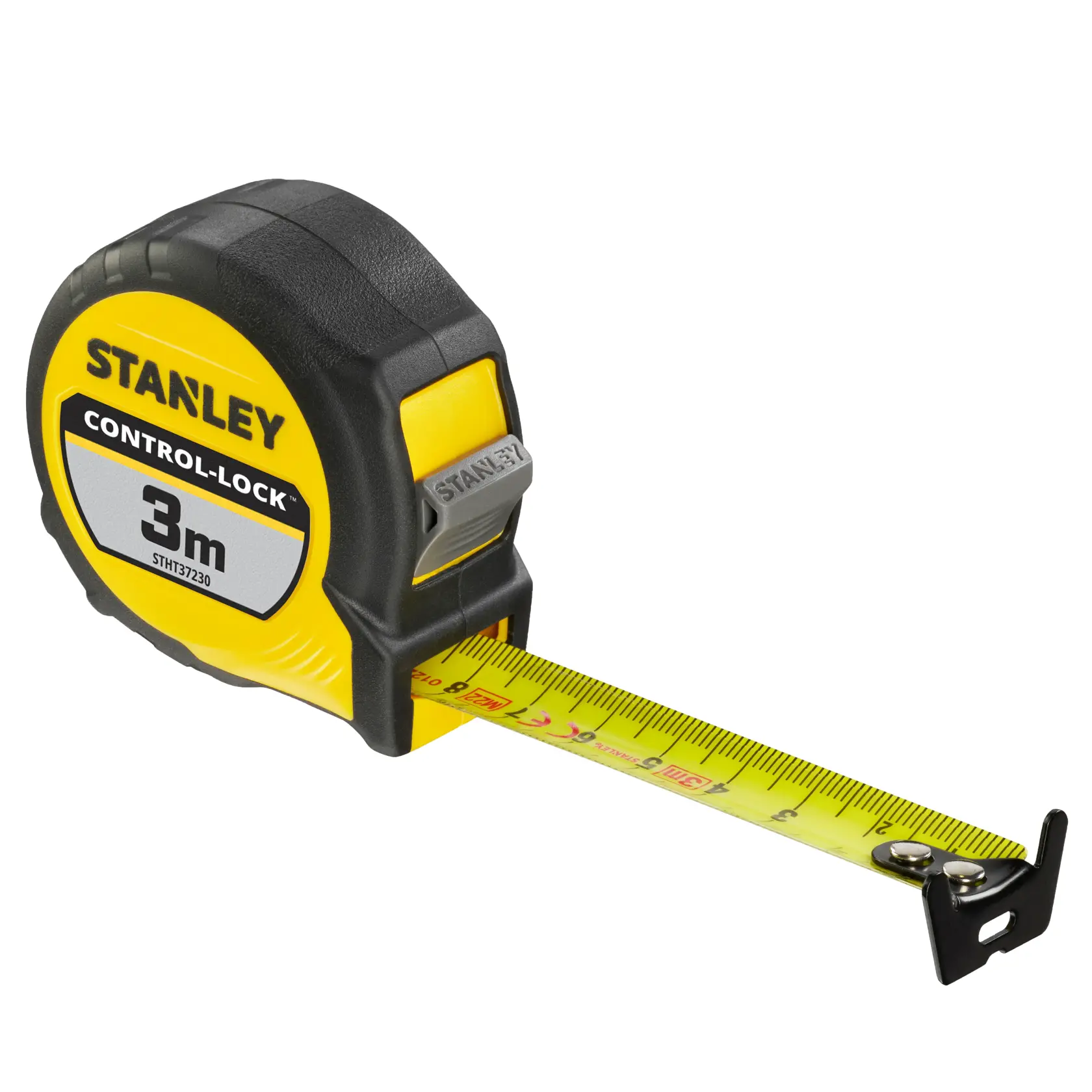 STANLEY STHT37230-0 tape measure, 3m length, black and yellow case, CONTROL-LOCK, side angle on white background.