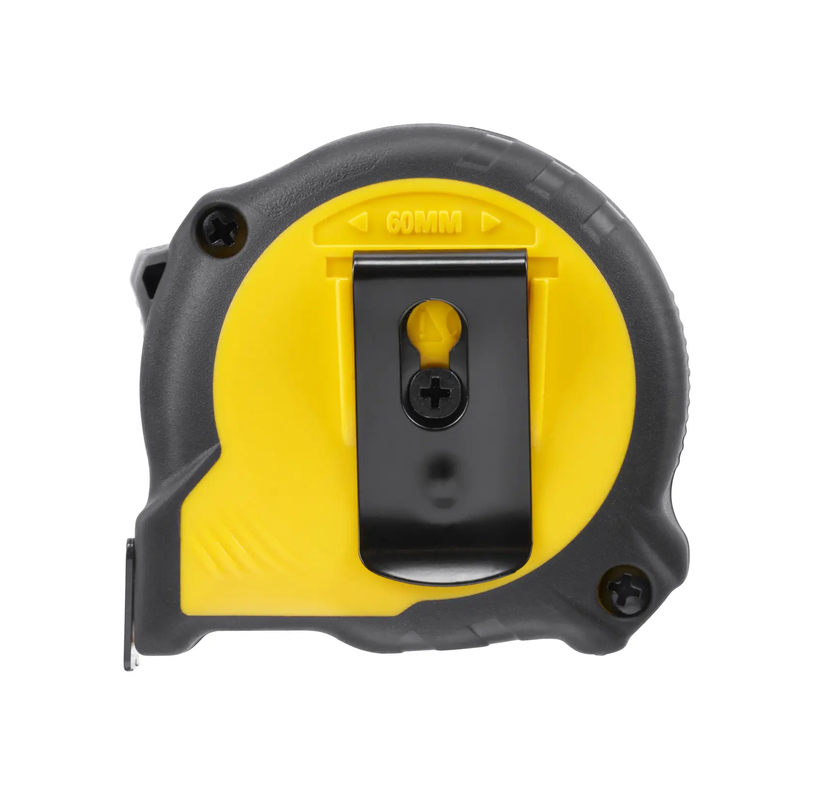 Photo of STANLEY STHT37230-0 tape measure, yellow and black, rear angle showing metal belt clip.