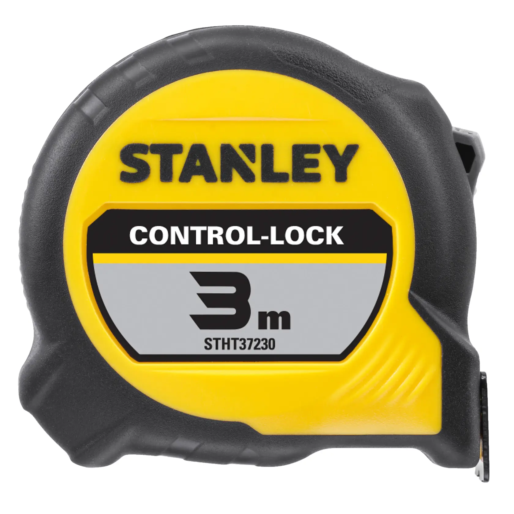 STANLEY STHT37230 tape measure, yellow and black, CONTROL-LOCK, front angle, 3m length.