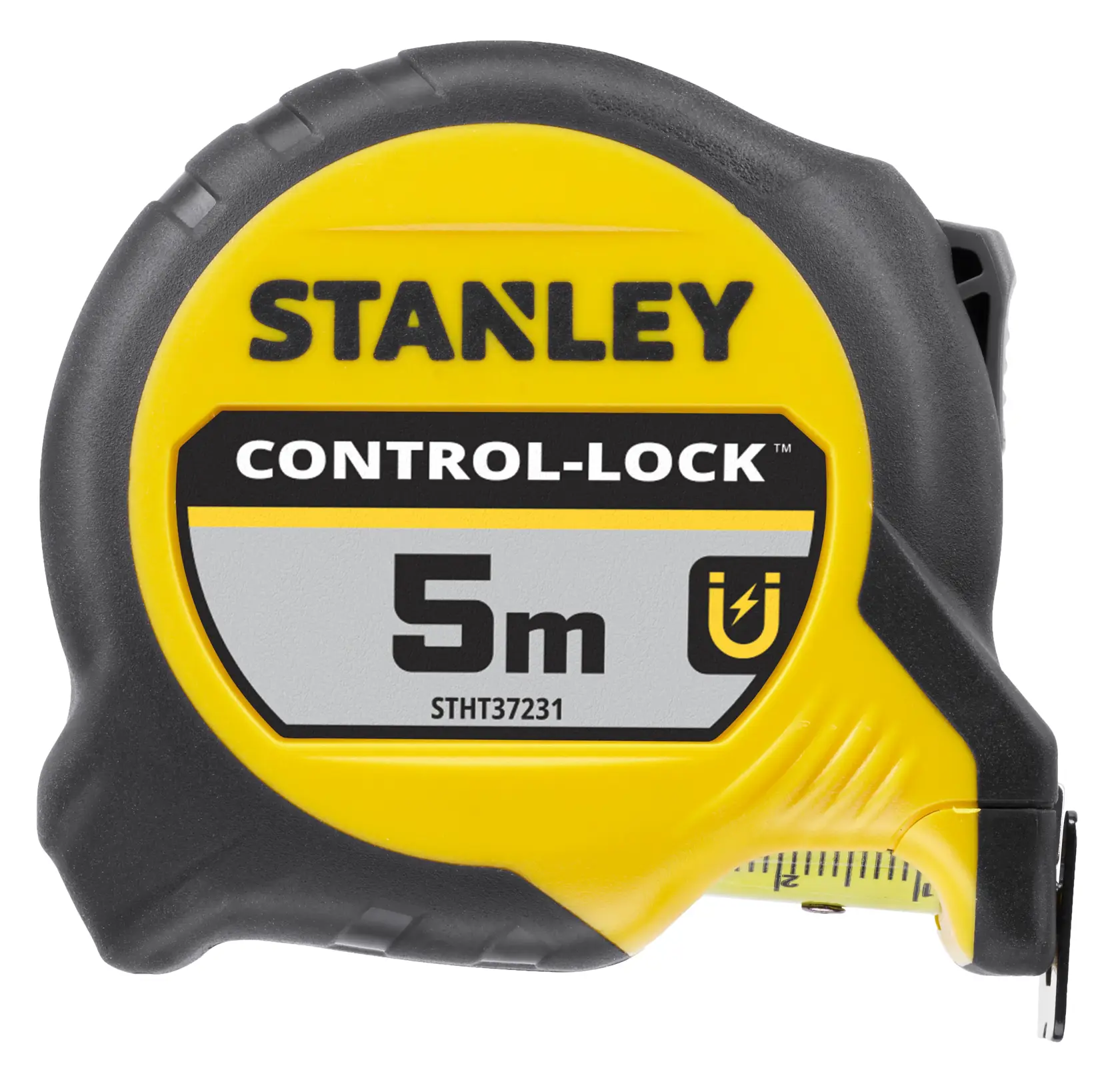 STANLEY STHT37231-0 tape measure, 5m, yellow and black, CONTROL-LOCK, product front on white background.