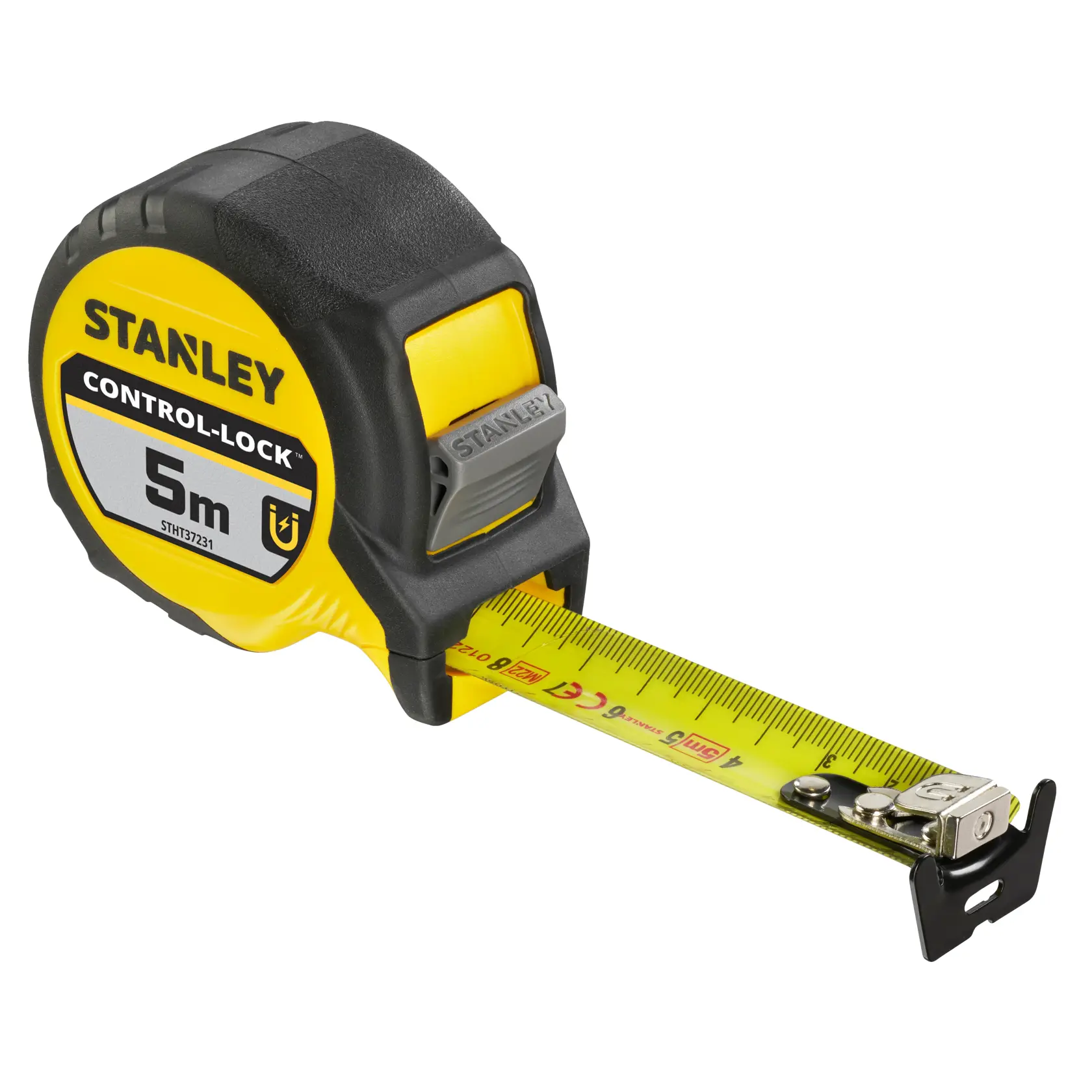 Photo of STANLEY STHT37231-0 tape measure, 5m, yellow and black, angled view on white background.