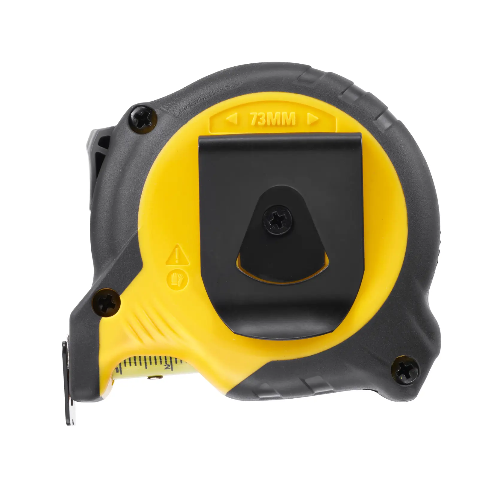 STANLEY STHT37231-0 tape measure, black and yellow, belt clip visible, product side angle, white background.