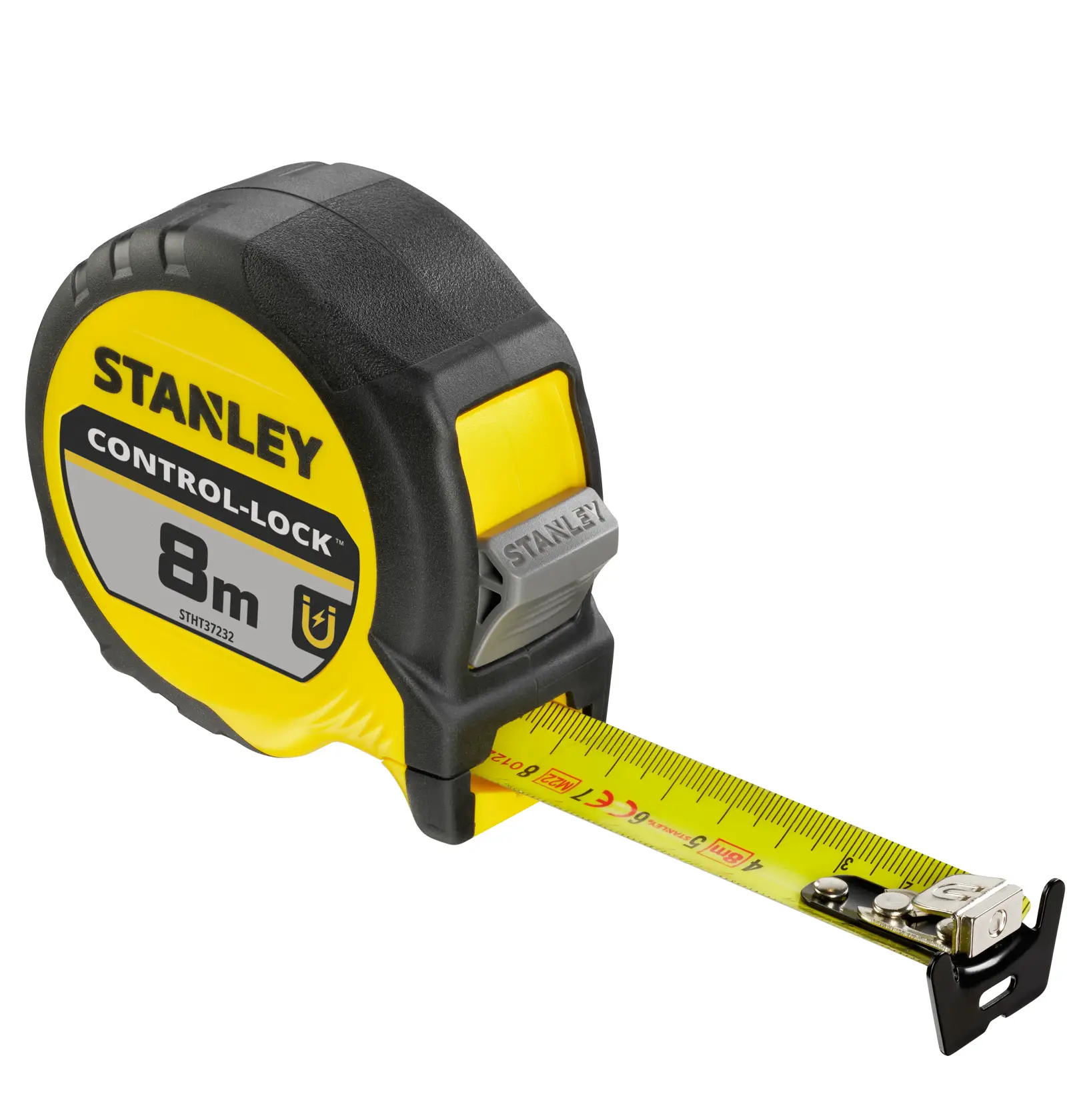 STANLEY STHT37232-0 tape measure, yellow and black, CONTROL-LOCK, 8m length, side angle photo.