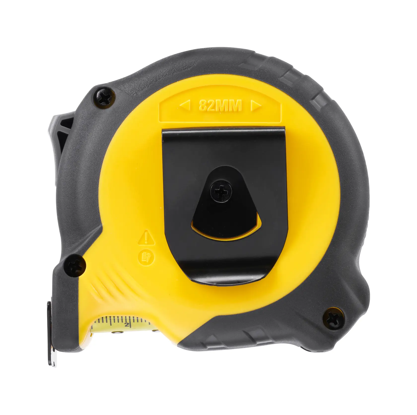 STANLEY STHT37232-0 tape measure with yellow and black casing, belt clip, rear angle, photography product image.