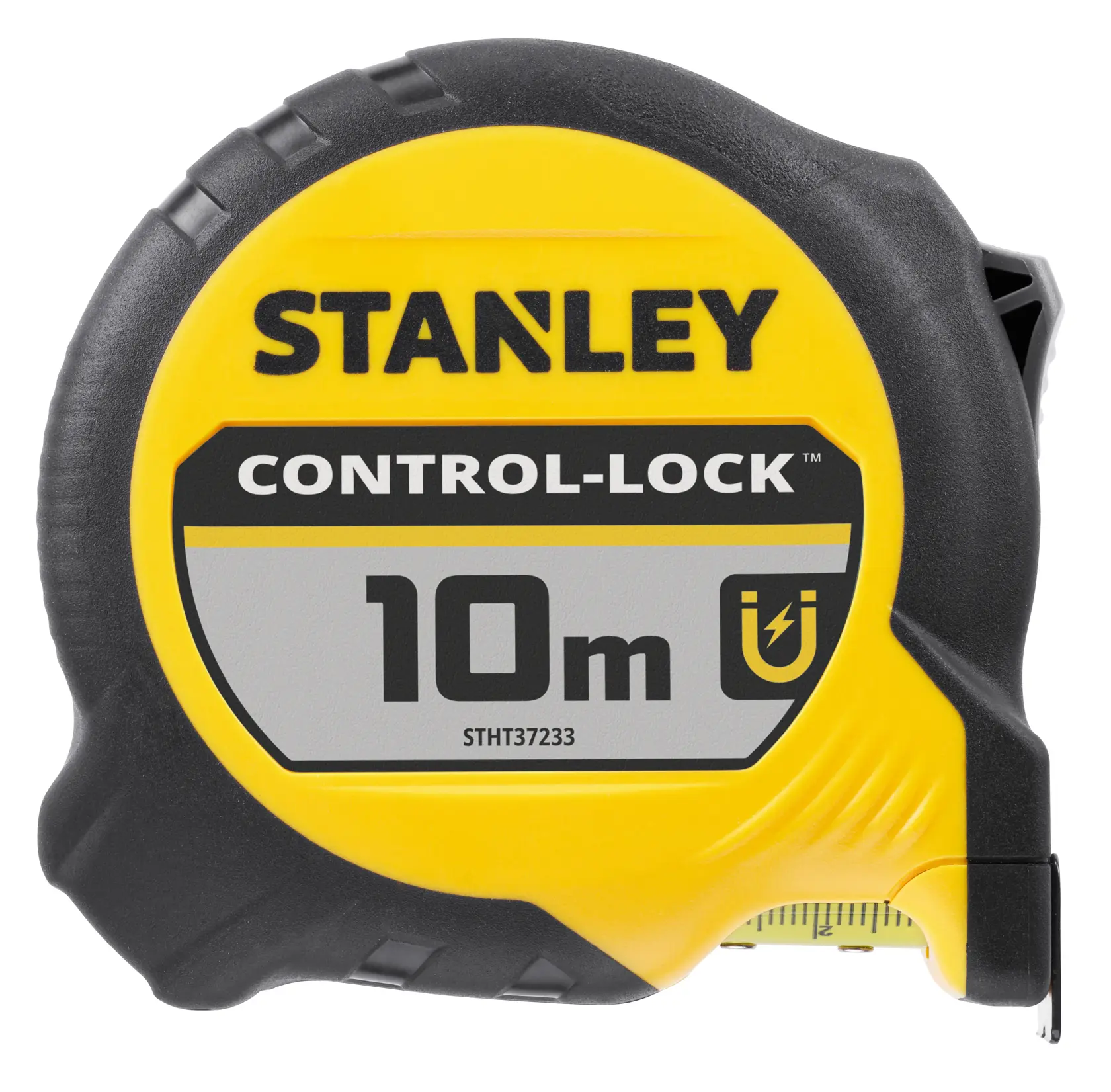 Photo of STANLEY STHT37233-0 tape measure, 10m Control-Lock, yellow and black front view.