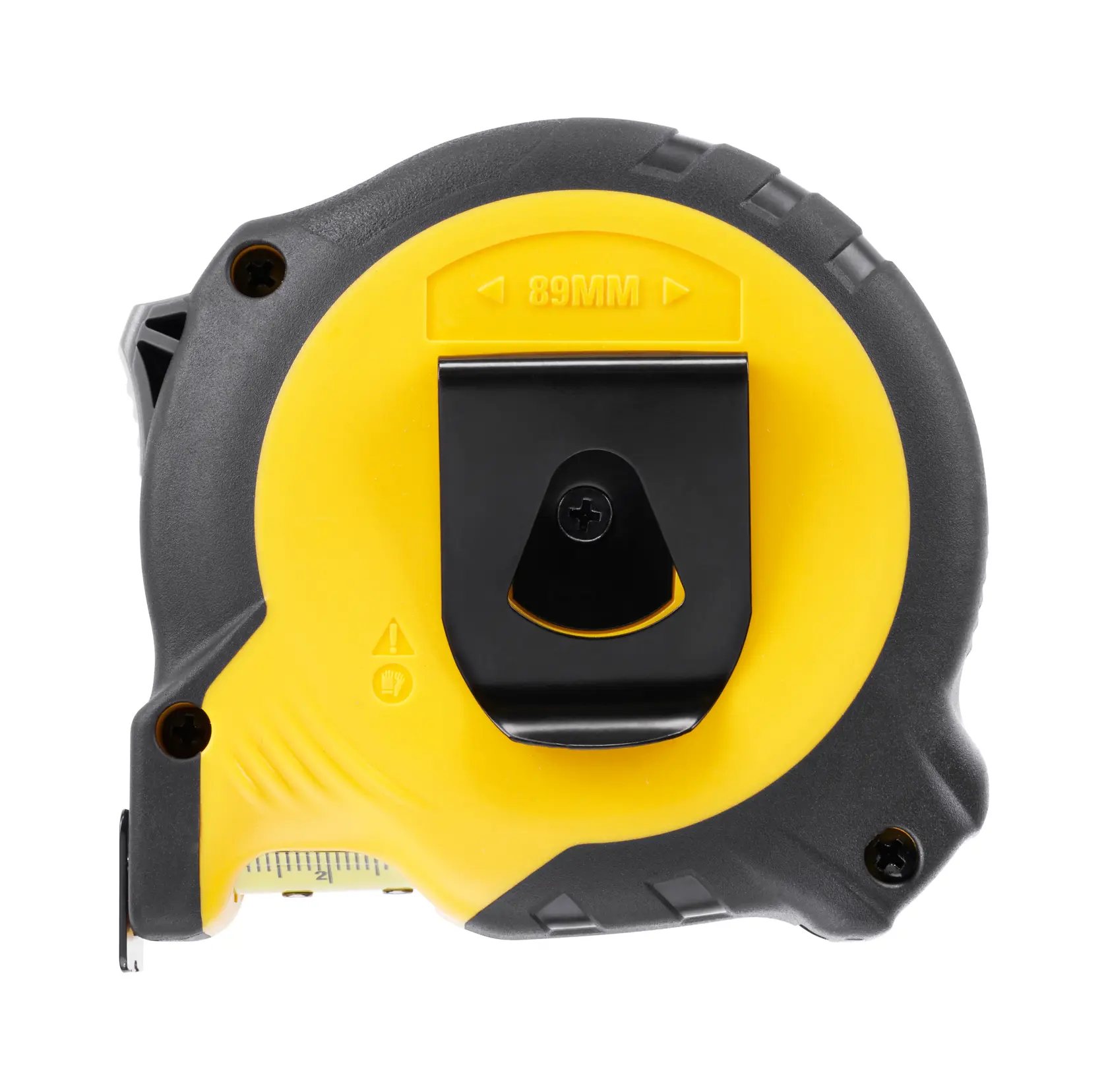 STANLEY STHT37233-0 tape measure, yellow and black casing, rear view with belt clip, product on white background.