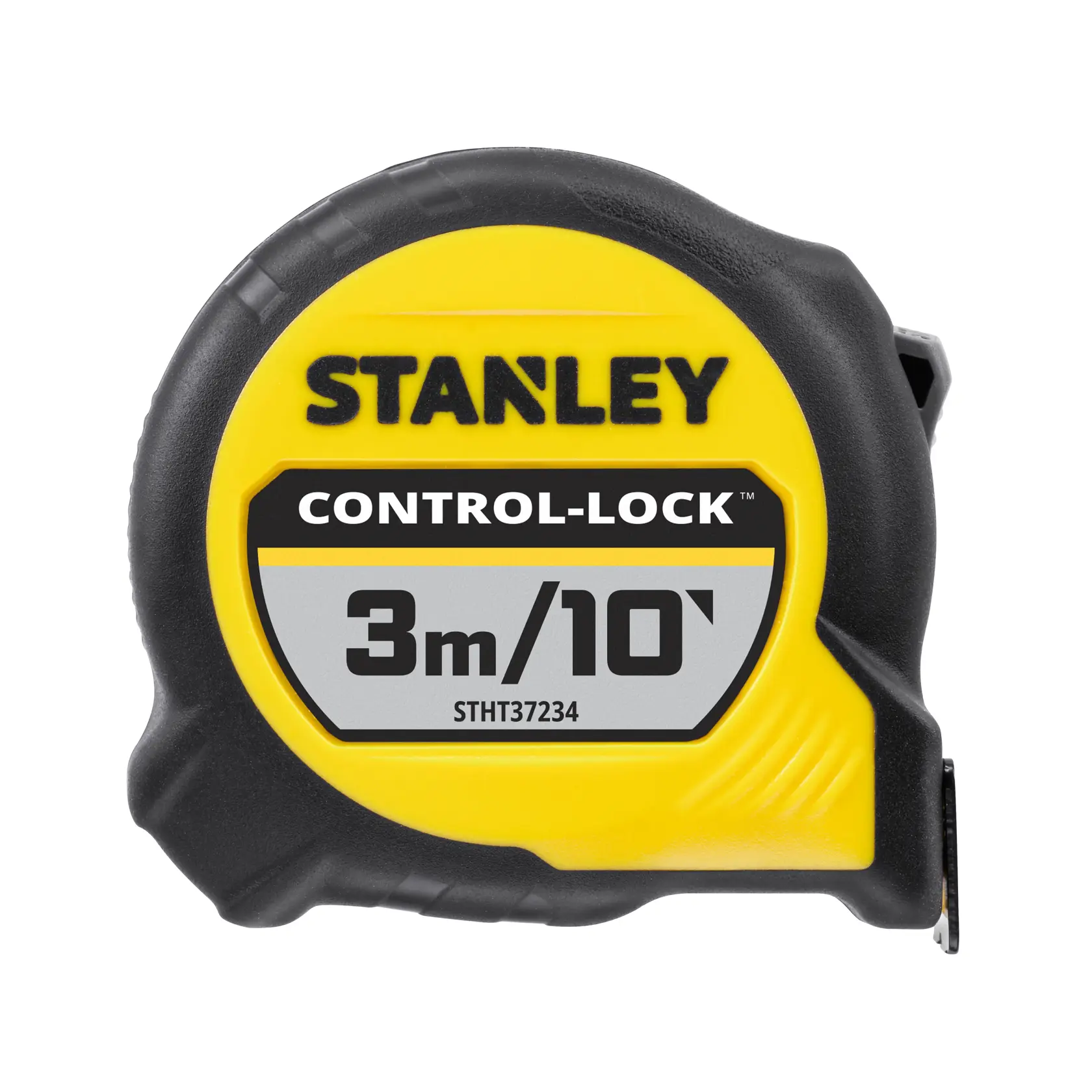 STANLEY STHT37234 tape measure, yellow and black, front view, 3m/10ft CONTROL-LOCK, photography.