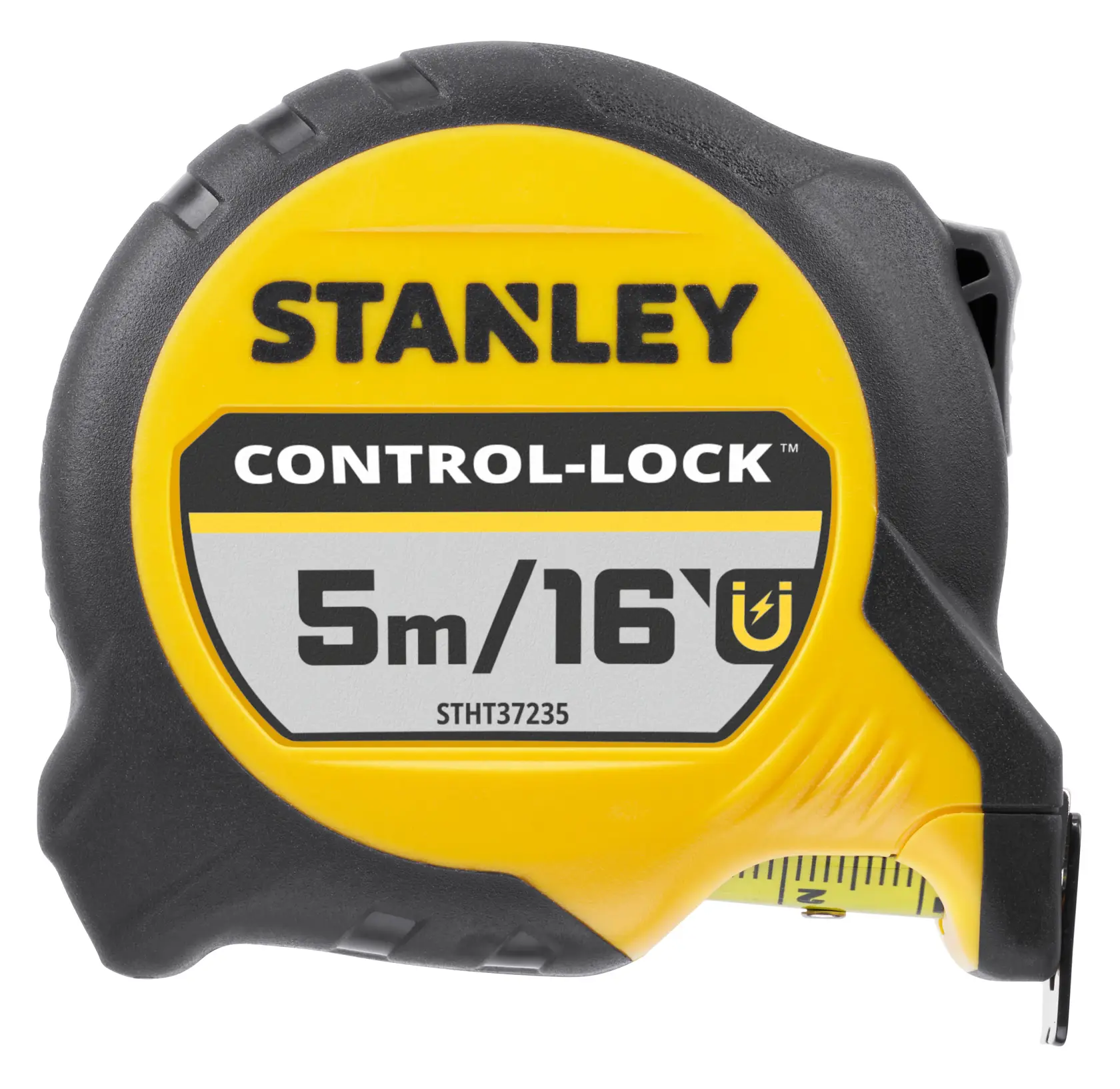 STANLEY STHT37235-5 tape measure, yellow and black, front angle, 5m/16ft CONTROL-LOCK branding.