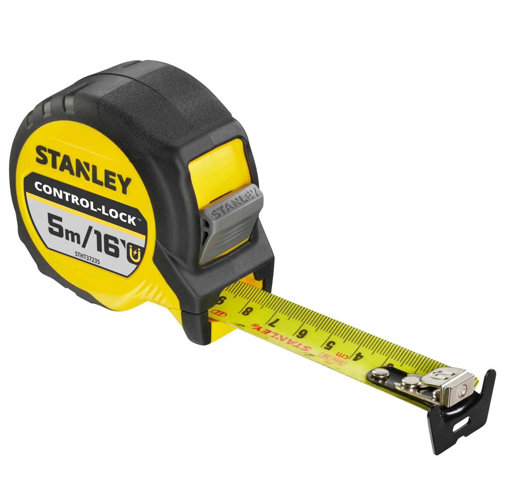 STANLEY STHT37235-5 tape measure, 5m/16ft, CONTROL-LOCK, yellow and black, angled product photo on white background.