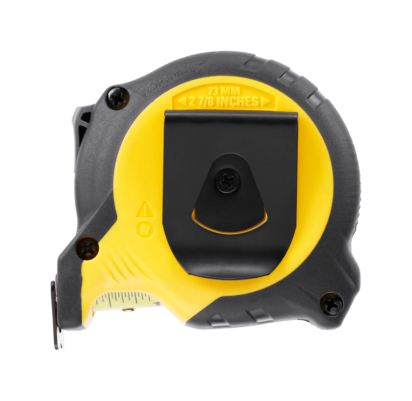 STANLEY STHT37235-5 tape measure, photography of back view showing black belt clip, yellow and black casing.