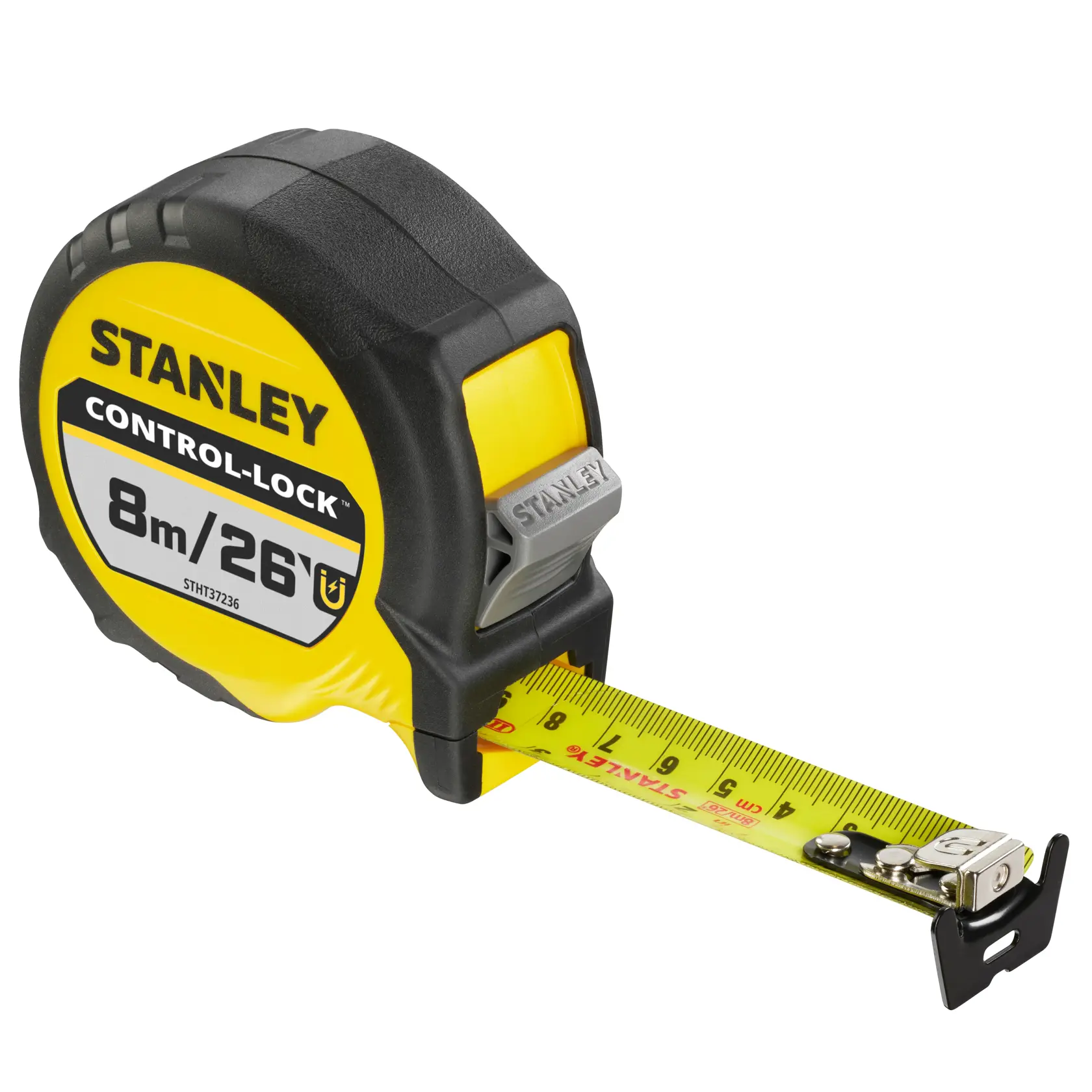 Photo of STANLEY STHT37236-5 tape measure, yellow and black, with extended measuring tape, angled view.